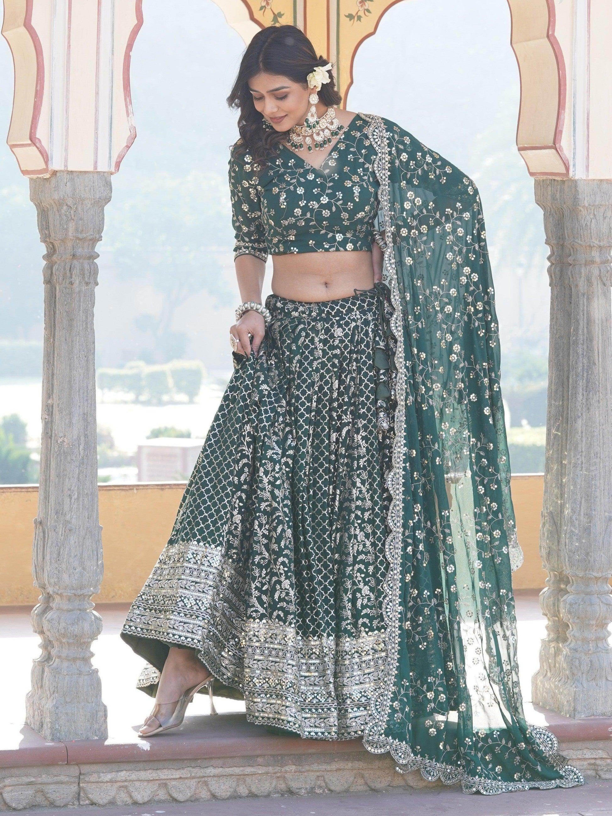 Fascinating Green Sequins Jacquard Wedding Wear Lehenga Choli - Zeel Clothing