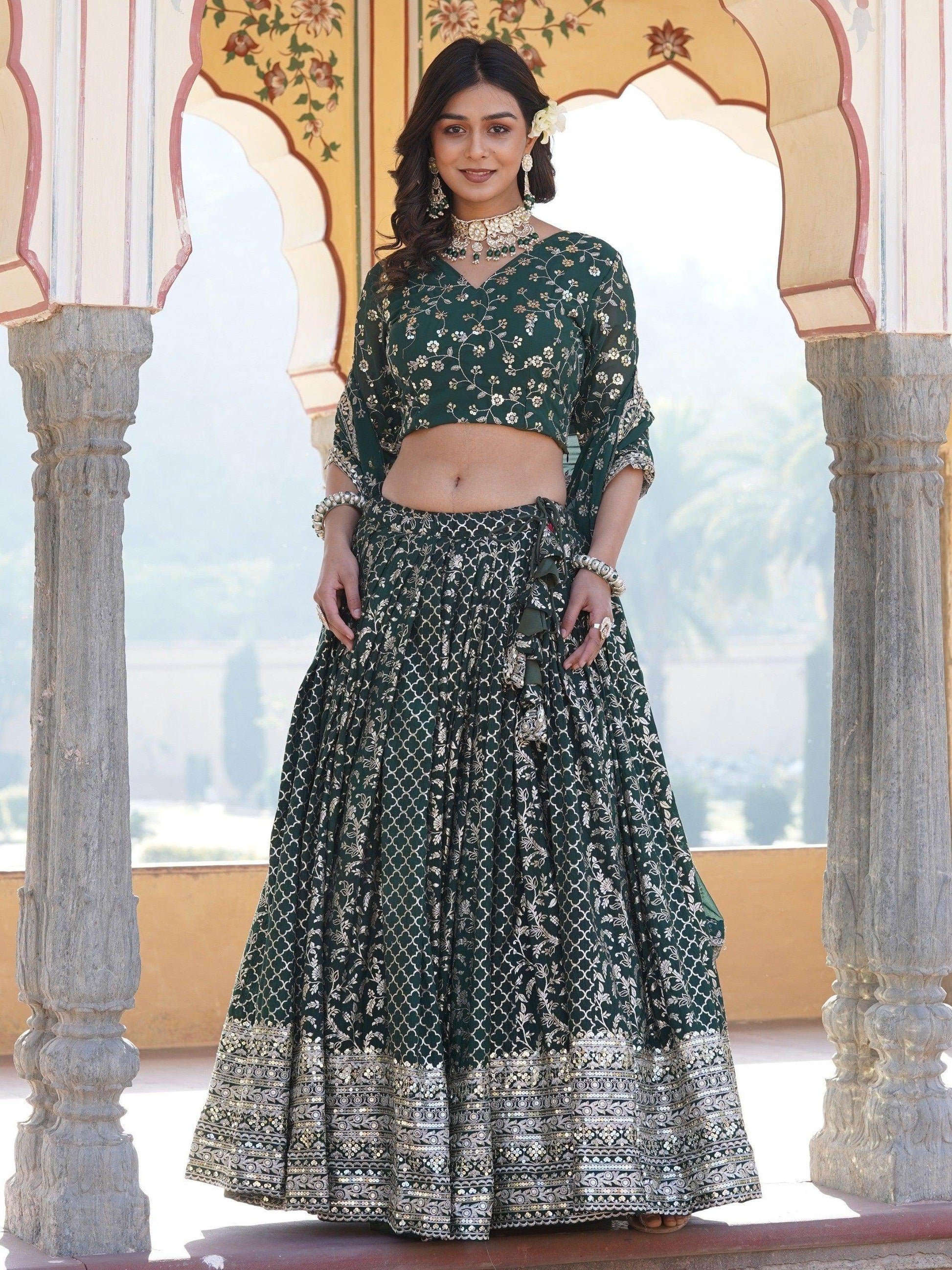 Fascinating Green Sequins Jacquard Wedding Wear Lehenga Choli - Zeel Clothing