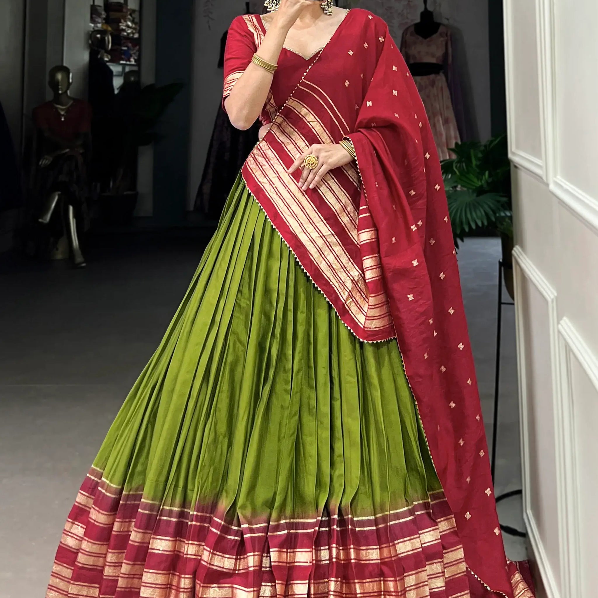Fascinating Green Zari Weaving Chanderi Lehenga Choli With Dupatta - Zeel Clothing