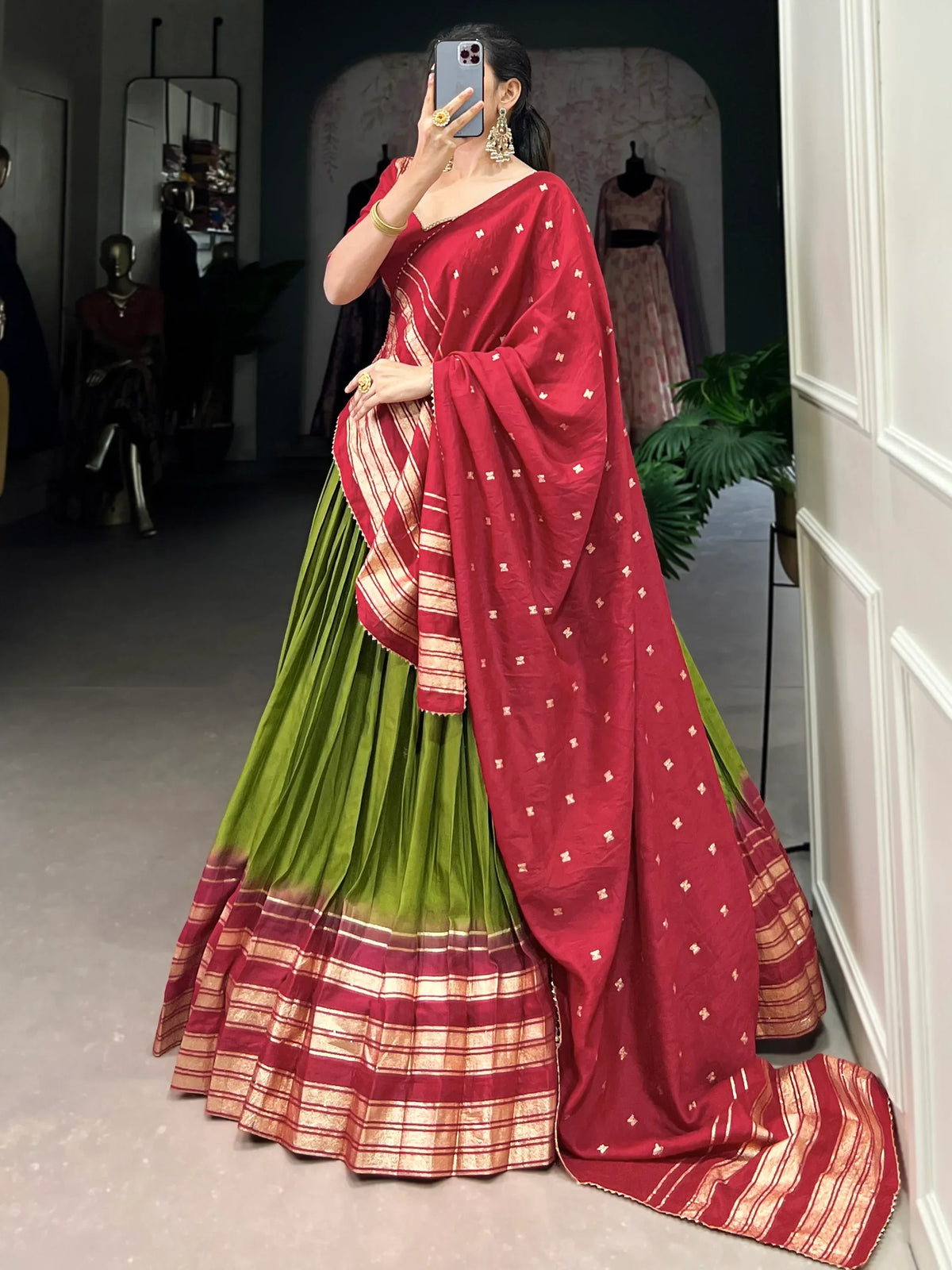 Fascinating Green Zari Weaving Chanderi Lehenga Choli With Dupatta - Zeel Clothing