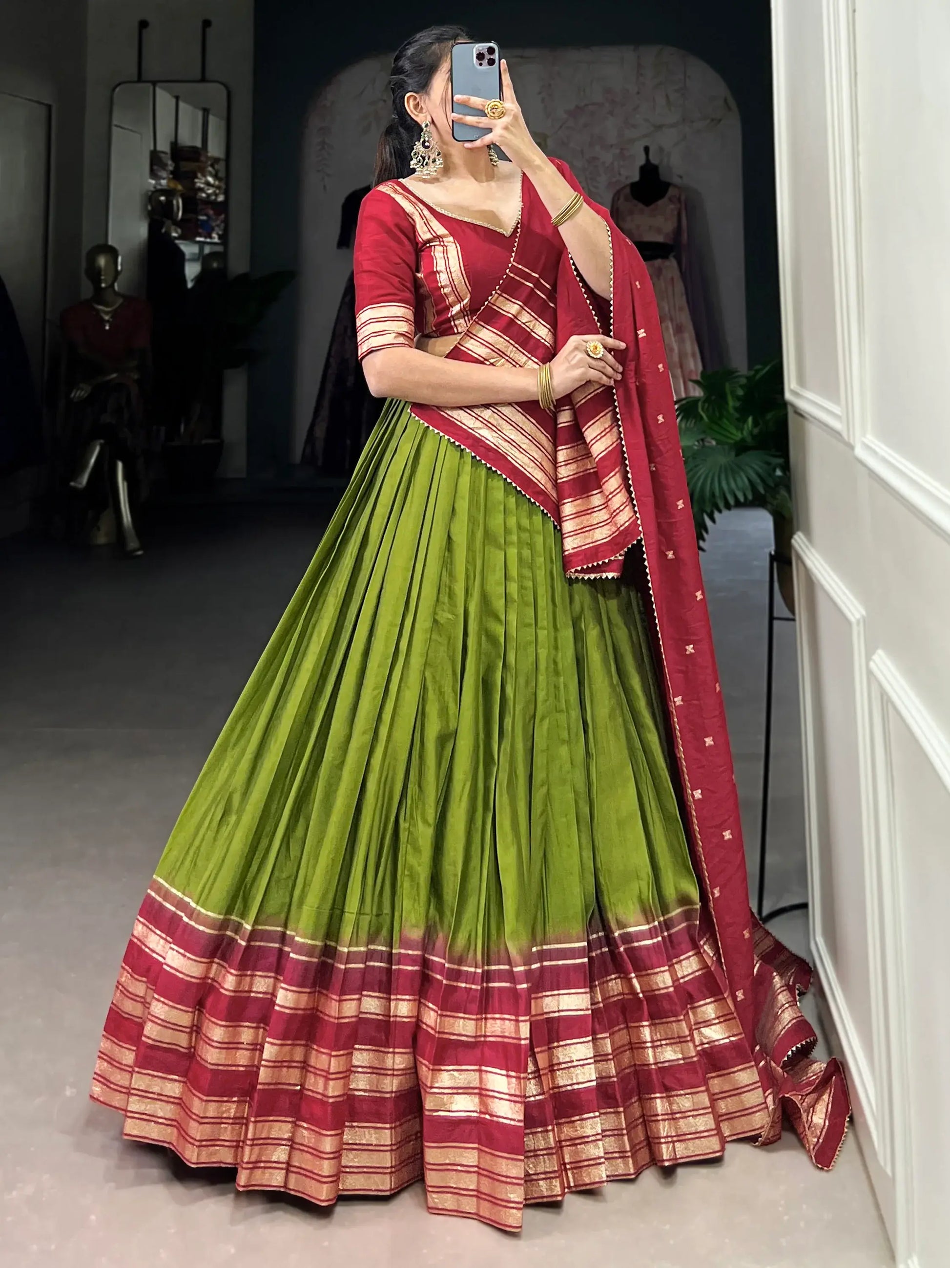 Fascinating Green Zari Weaving Chanderi Lehenga Choli With Dupatta - Zeel Clothing