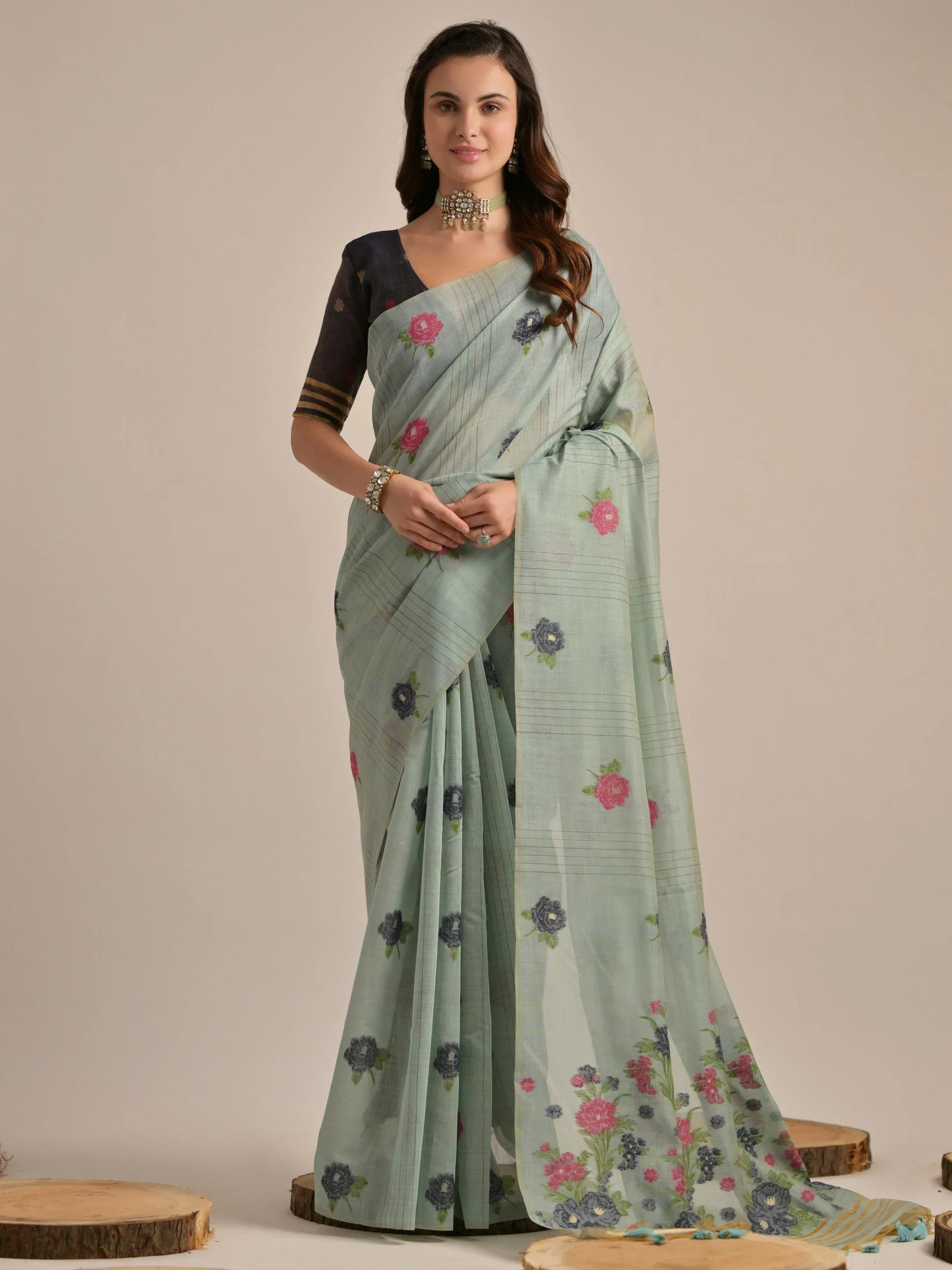 Fascinating Grey Floral Weaving Printed Cotton Casual Wear Saree With Blouse - Zeel Clothing