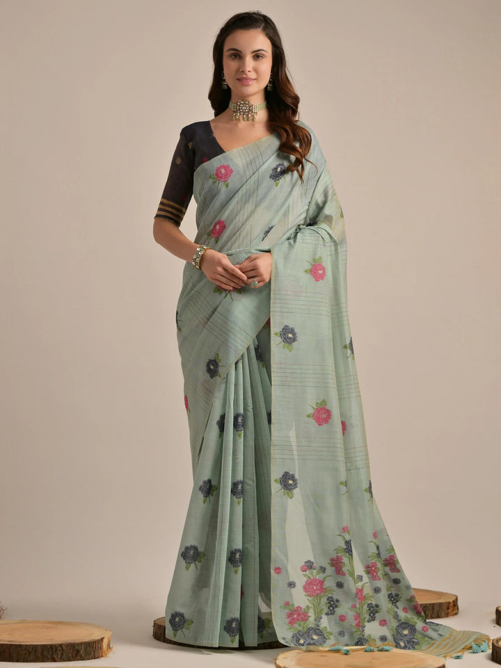 Fascinating Grey Floral Weaving Printed Cotton Casual Wear Saree With Blouse - Zeel Clothing