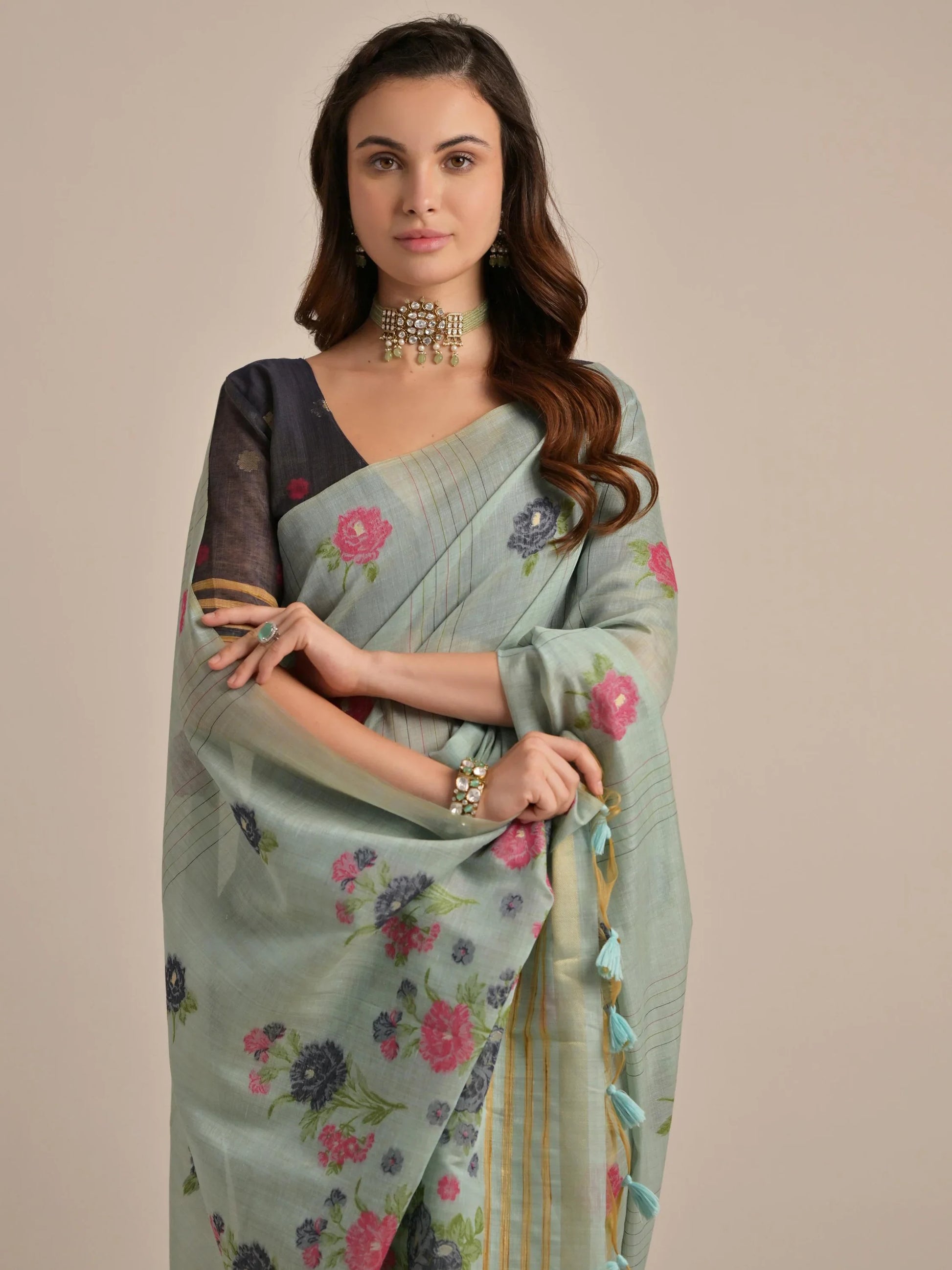 Fascinating Grey Floral Weaving Printed Cotton Casual Wear Saree With Blouse - Zeel Clothing