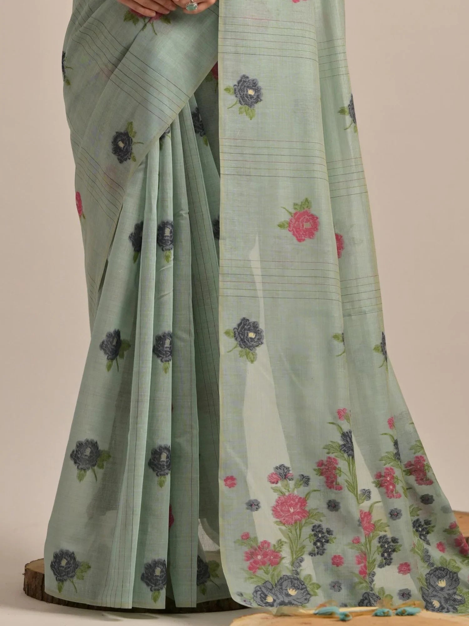 Fascinating Grey Floral Weaving Printed Cotton Casual Wear Saree With Blouse - Zeel Clothing
