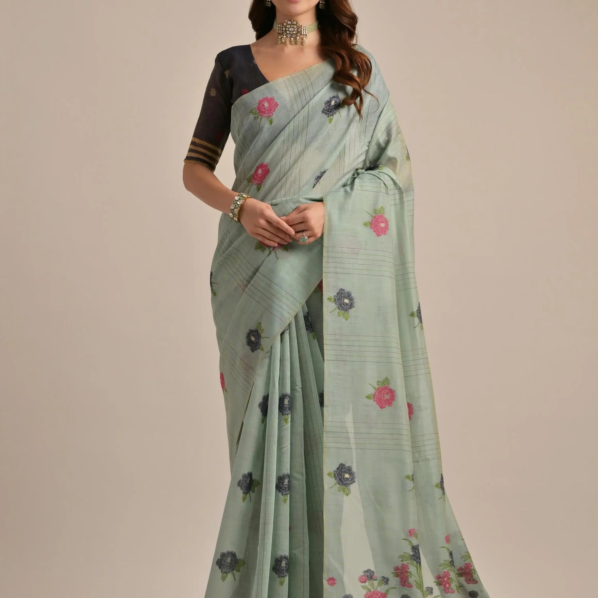 Fascinating Grey Floral Weaving Printed Cotton Casual Wear Saree With Blouse - Zeel Clothing