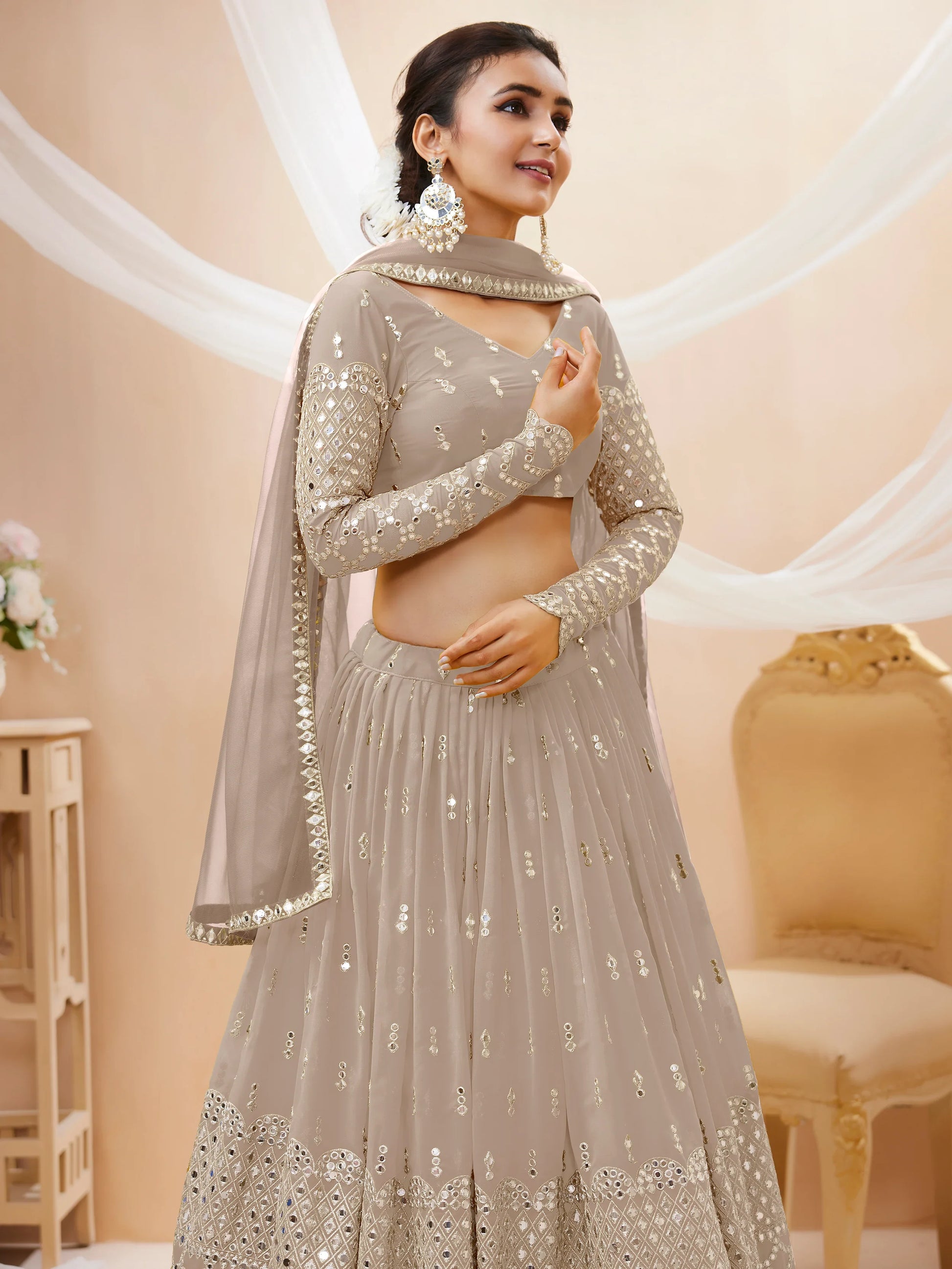 Fascinating Grey Sequins Georgette Reception Wear Lehenga Choli - Zeel Clothing