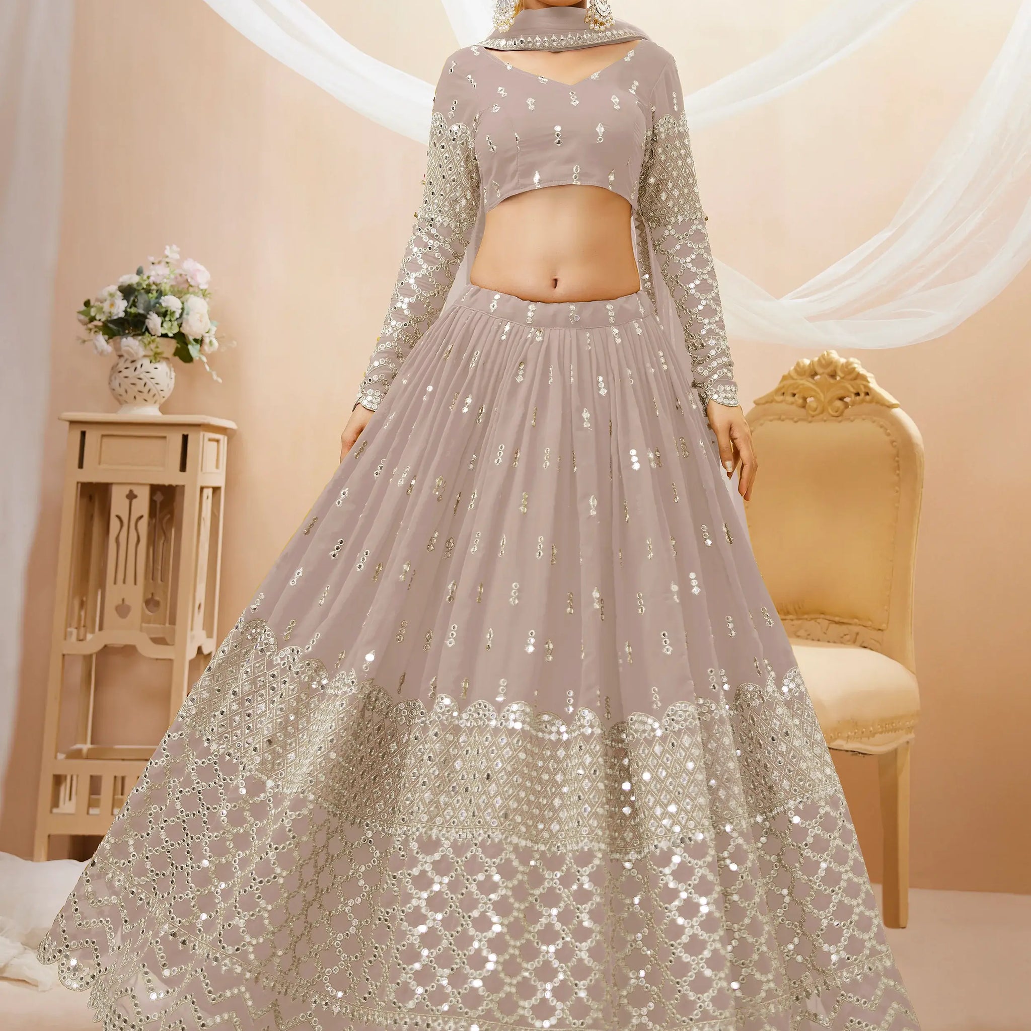Fascinating Grey Sequins Georgette Reception Wear Lehenga Choli - Zeel Clothing