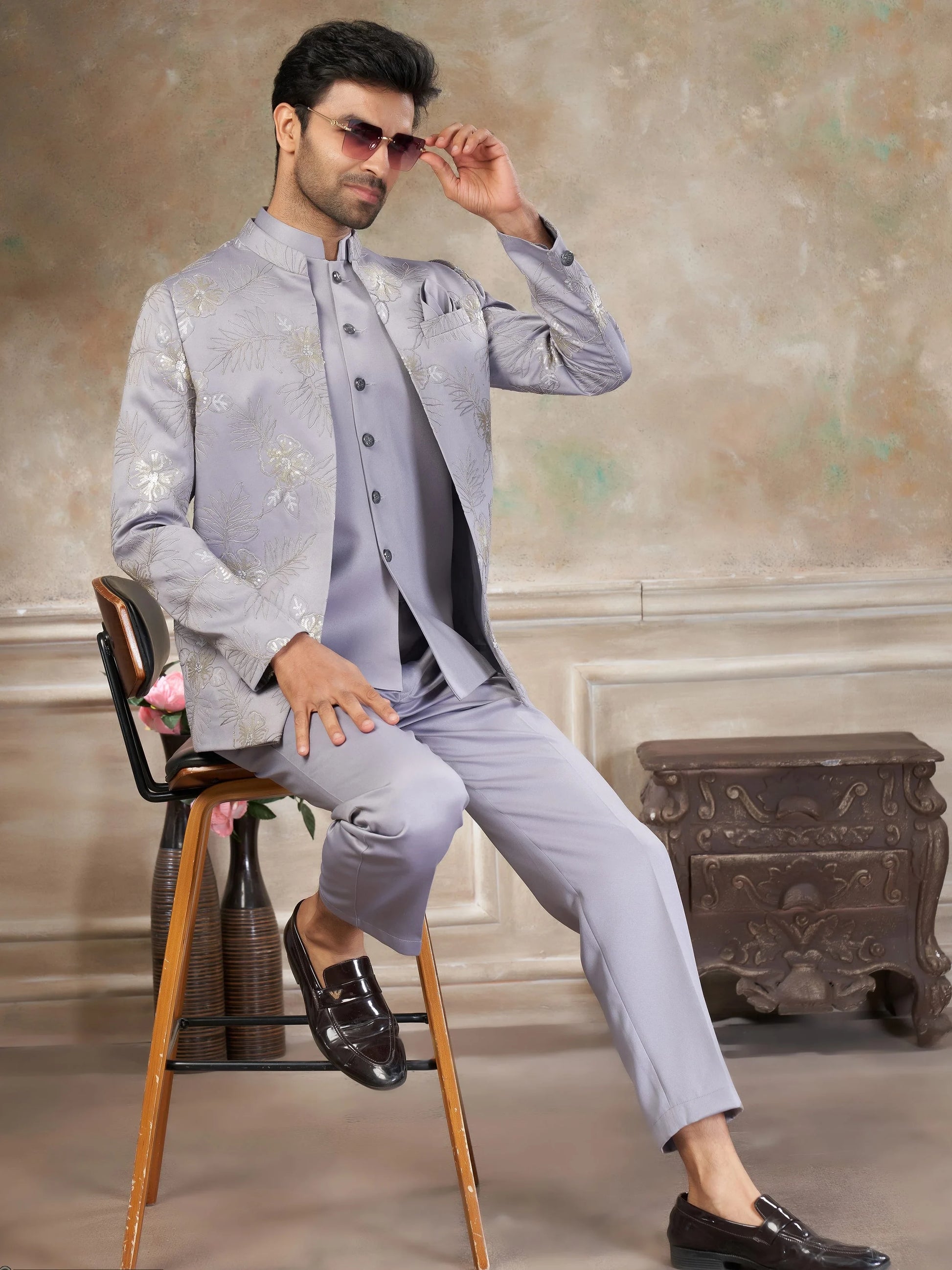 Fascinating Grey Sequins Imported Sangeet Wear Jothpuri Set For Men