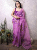 Fascinating Lavender Floral Print Organza Saree With Blouse - Zeel Clothing