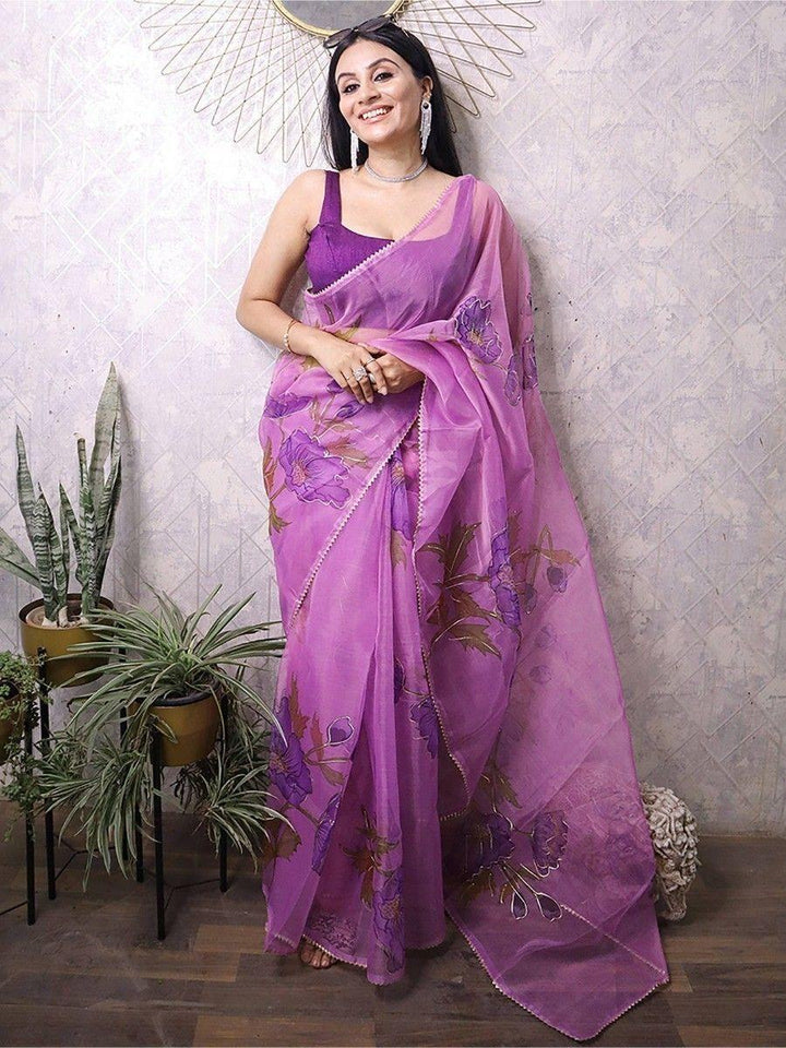Fascinating Lavender Floral Print Organza Saree With Blouse - Zeel Clothing