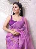 Fascinating Lavender Floral Print Organza Saree With Blouse - Zeel Clothing
