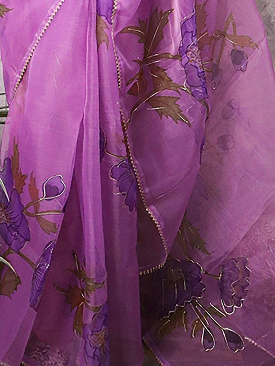 Fascinating Lavender Floral Print Organza Saree With Blouse - Zeel Clothing