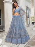 Fascinating Light Blue Thread Work Net Designer Lehenga Choli - Zeel Clothing