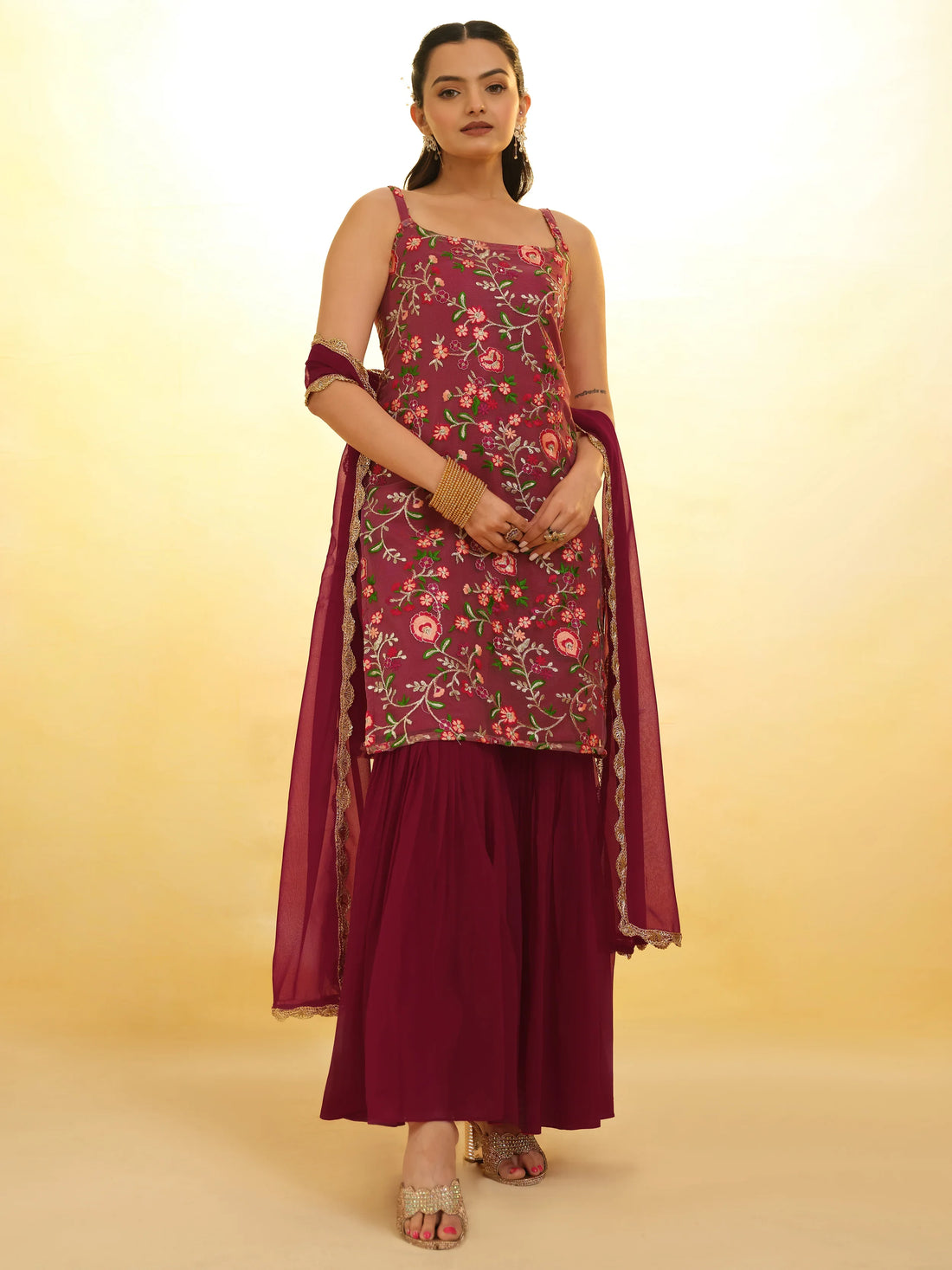Fascinating Maroon Embroidered Net Festival Wear Sharara Suit - Zeel Clothing