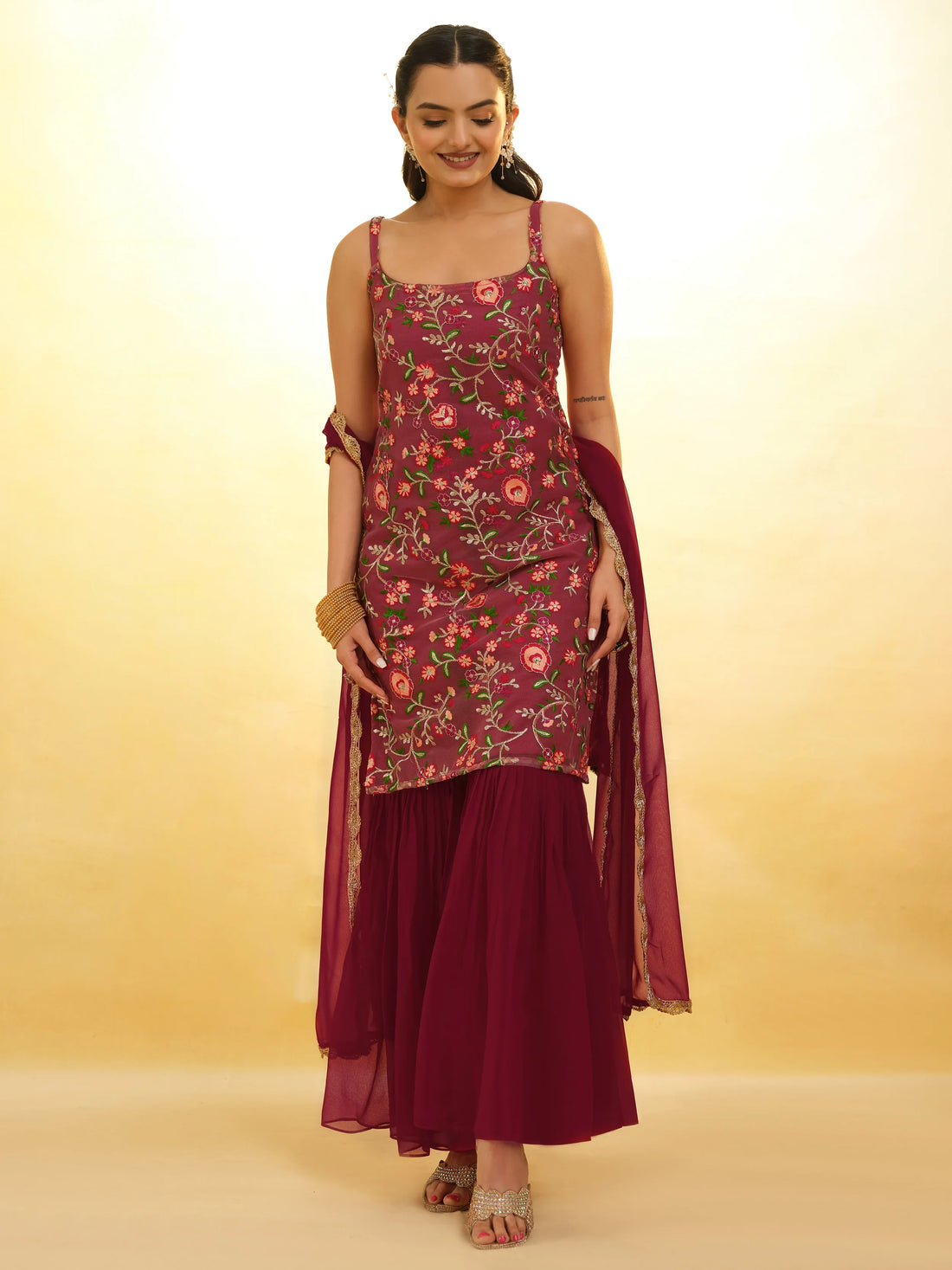 Fascinating Maroon Embroidered Net Festival Wear Sharara Suit - Zeel Clothing