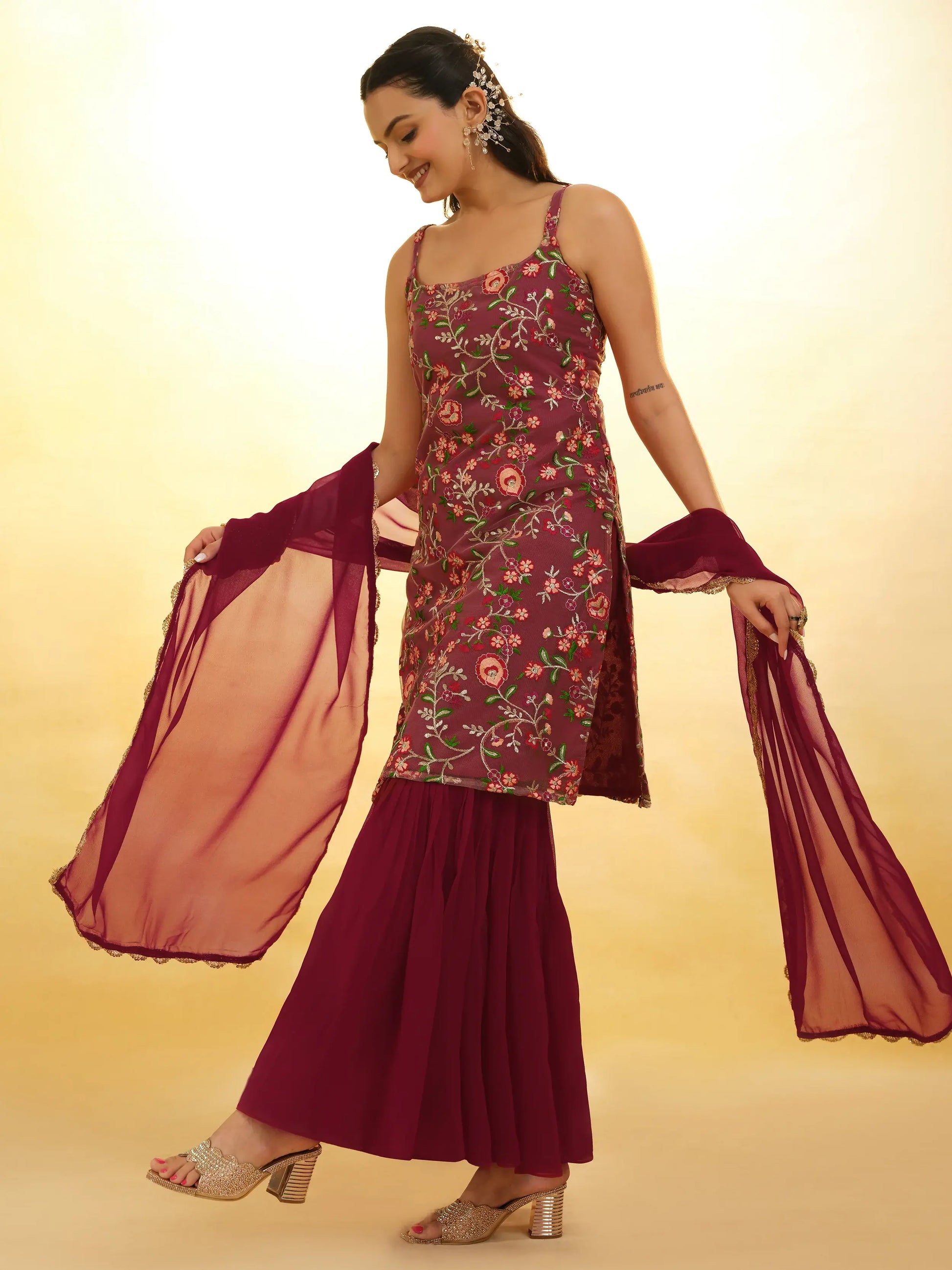 Fascinating Maroon Embroidered Net Festival Wear Sharara Suit - Zeel Clothing