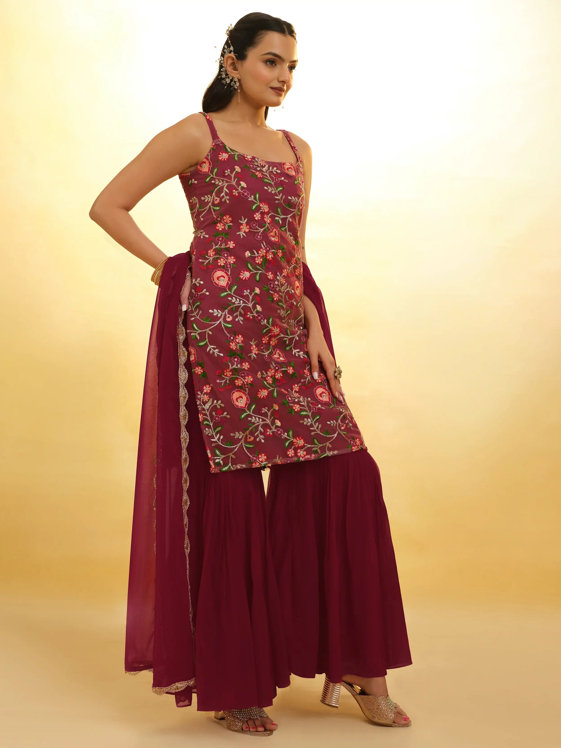 Fascinating Maroon Embroidered Net Festival Wear Sharara Suit - Zeel Clothing
