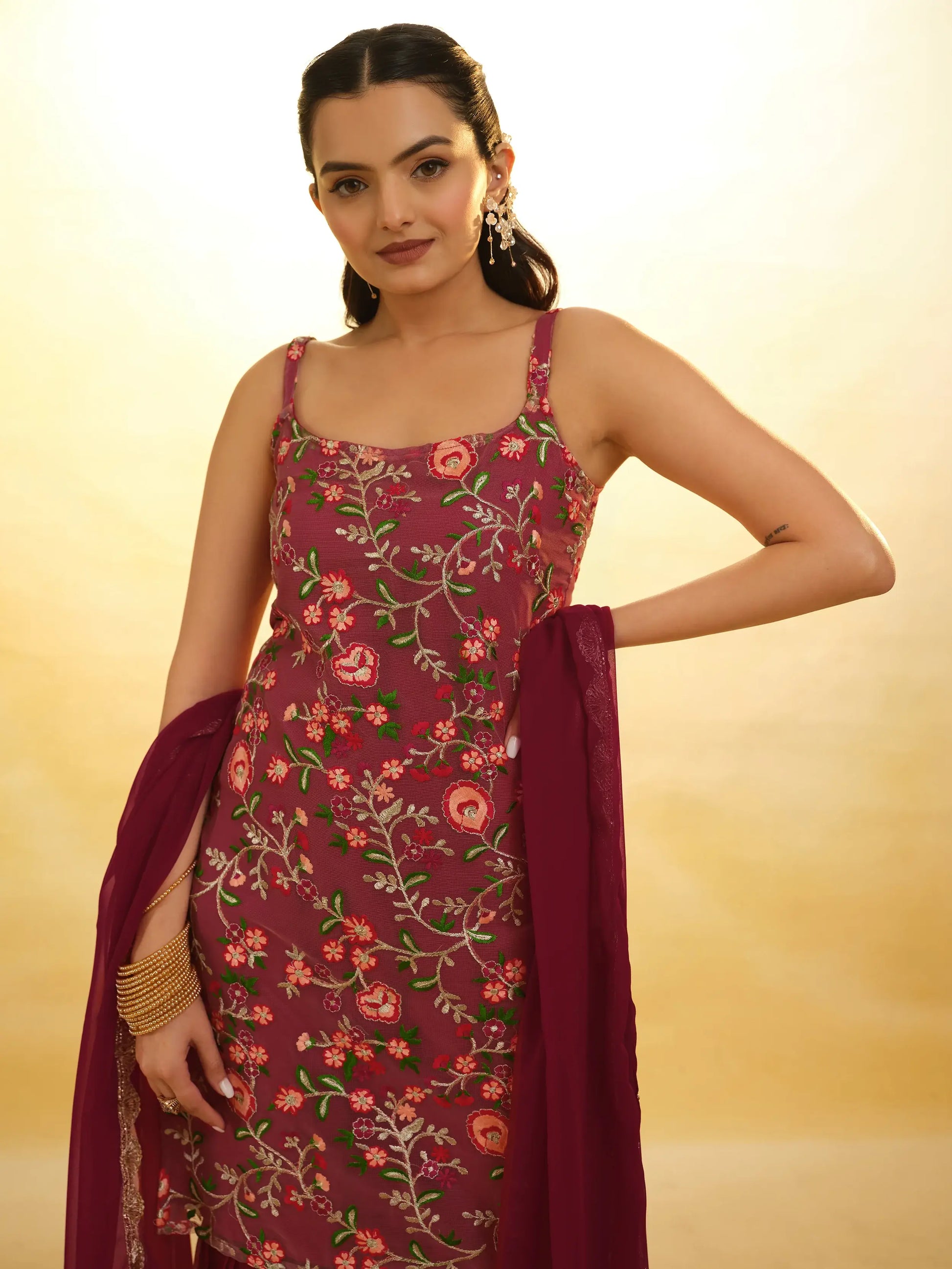 Fascinating Maroon Embroidered Net Festival Wear Sharara Suit - Zeel Clothing