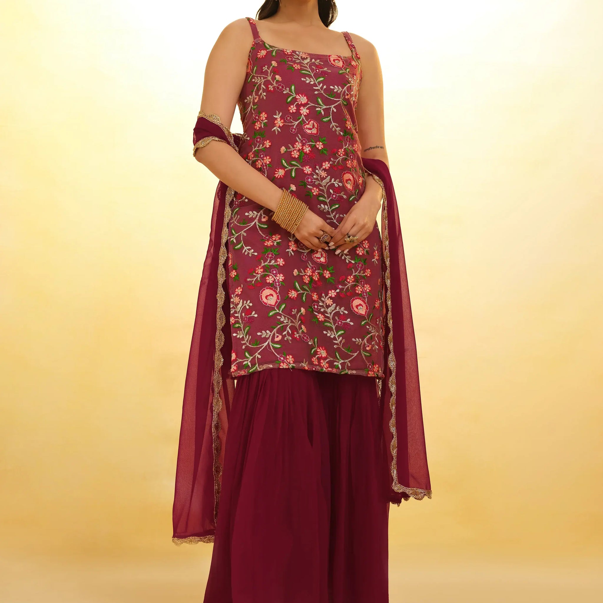 Fascinating Maroon Embroidered Net Festival Wear Sharara Suit - Zeel Clothing