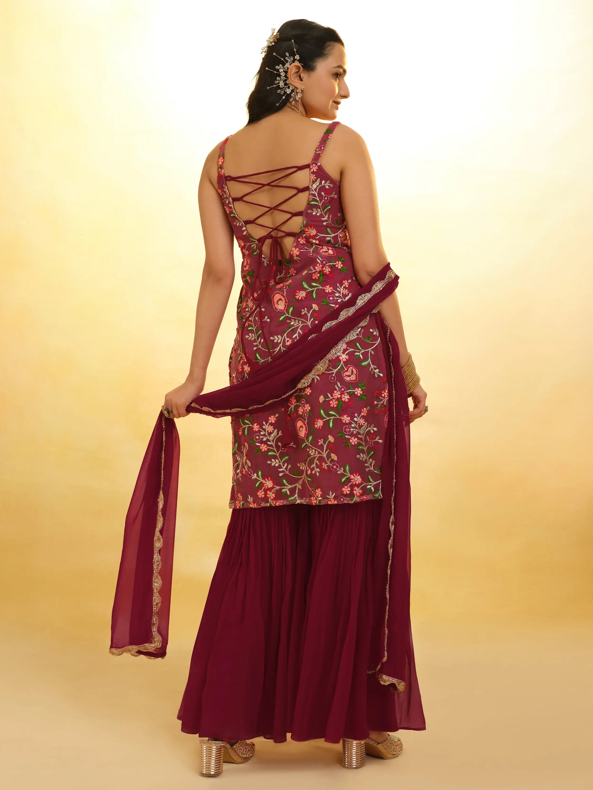 Fascinating Maroon Embroidered Net Festival Wear Sharara Suit - Zeel Clothing