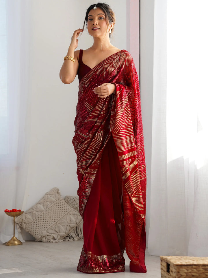 Fascinating Maroon Sequins Georgette Event Wear Saree With Blouse - Zeel Clothing