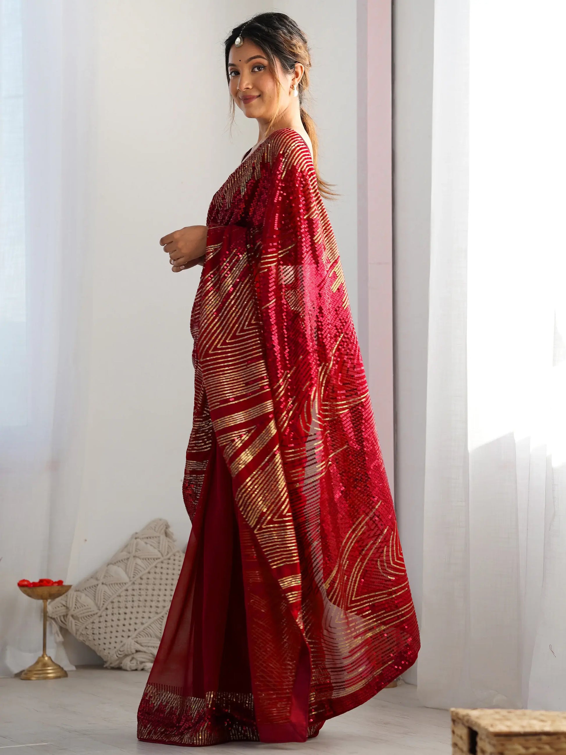 Fascinating Maroon Sequins Georgette Event Wear Saree With Blouse - Zeel Clothing