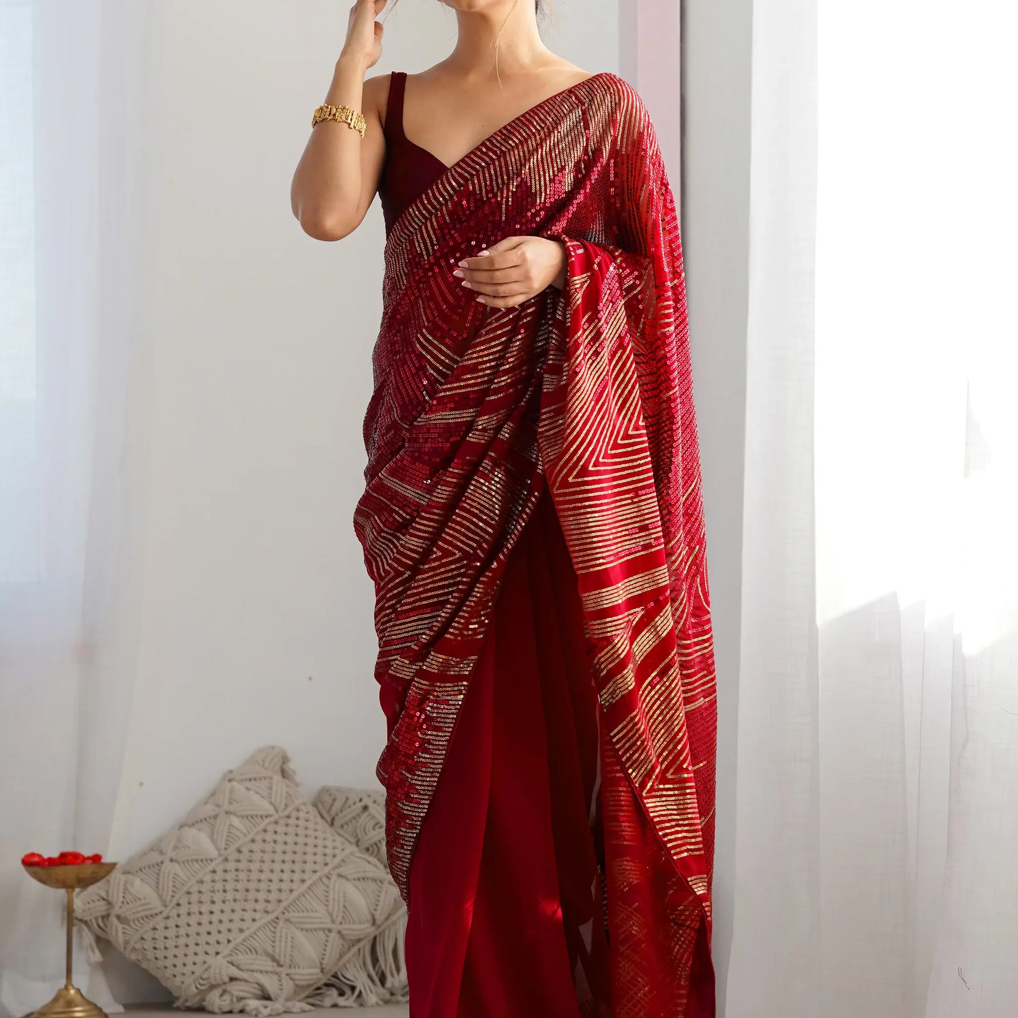 Fascinating Maroon Sequins Georgette Event Wear Saree With Blouse - Zeel Clothing