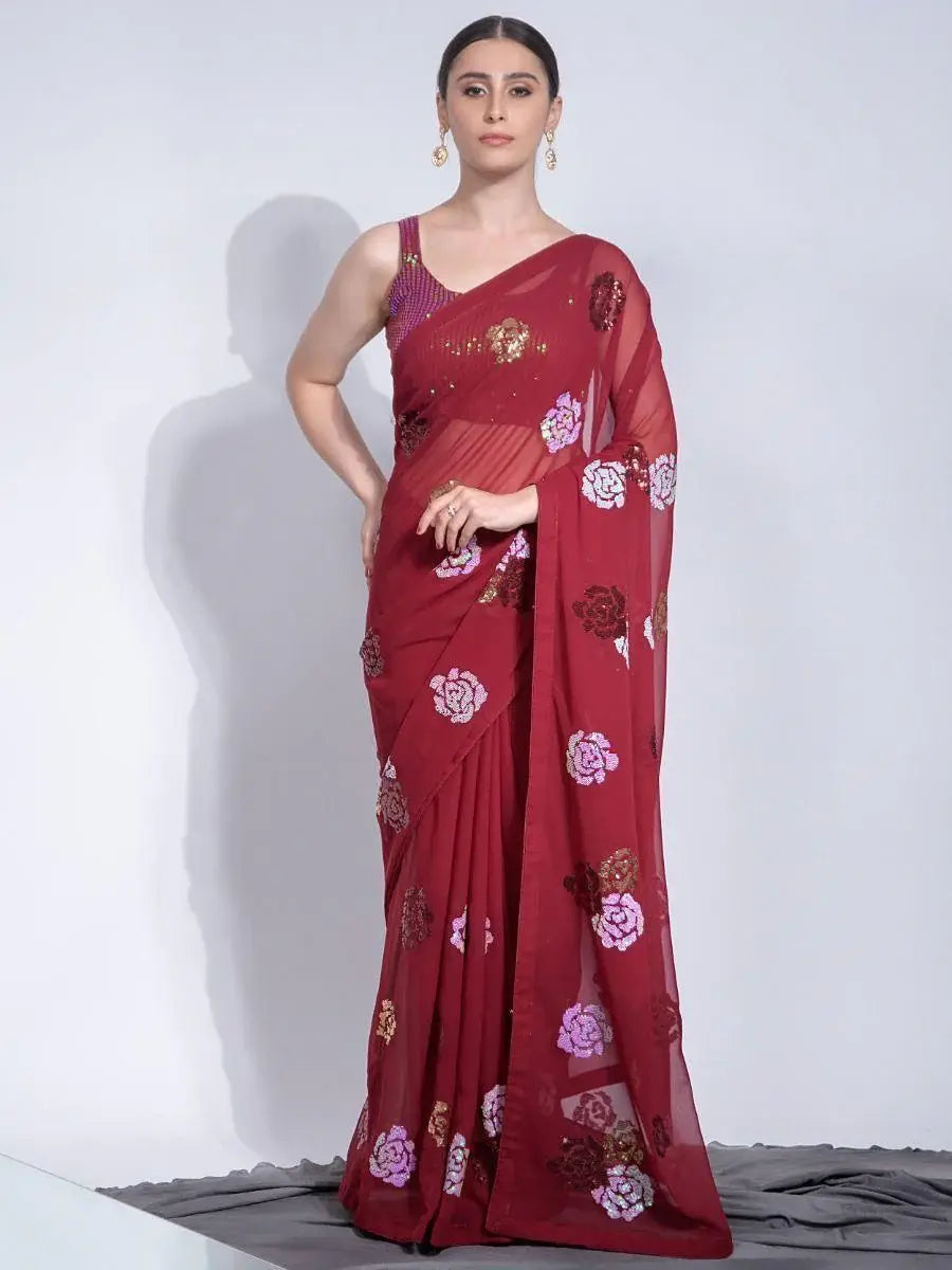 Fascinating Maroon Sequins Georgette Party Wear Saree With Blouse - Zeel Clothing