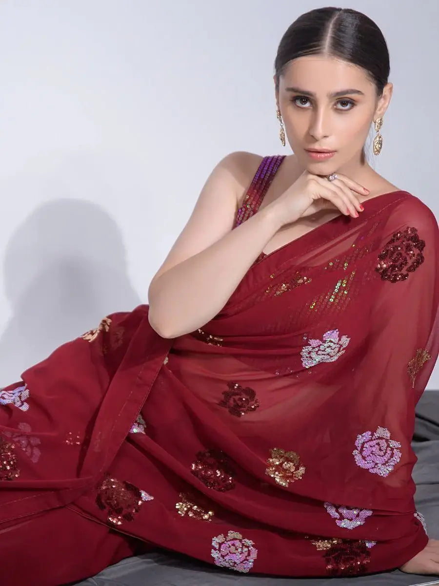 Fascinating Maroon Sequins Georgette Party Wear Saree With Blouse - Zeel Clothing