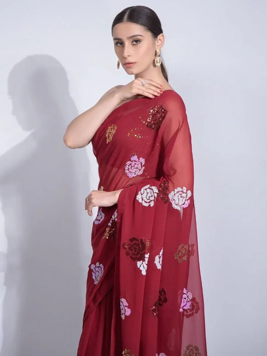Fascinating Maroon Sequins Georgette Party Wear Saree With Blouse - Zeel Clothing