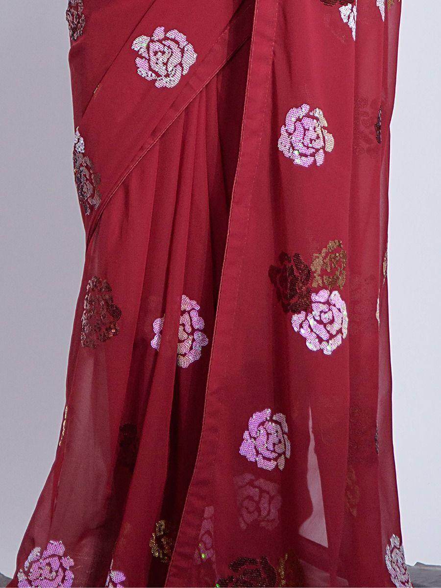 Fascinating Maroon Sequins Georgette Party Wear Saree With Blouse - Zeel Clothing