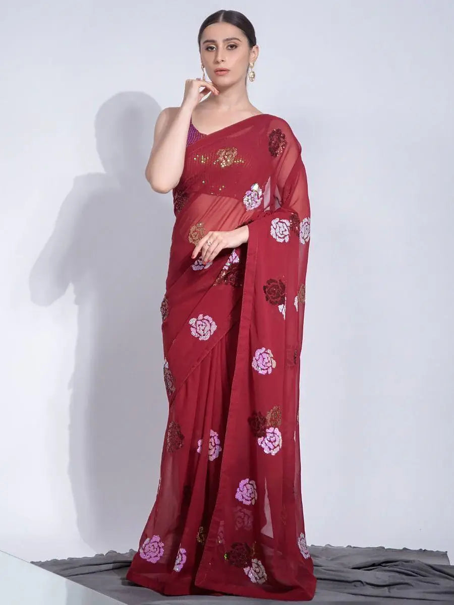 Fascinating Maroon Sequins Georgette Party Wear Saree With Blouse - Zeel Clothing