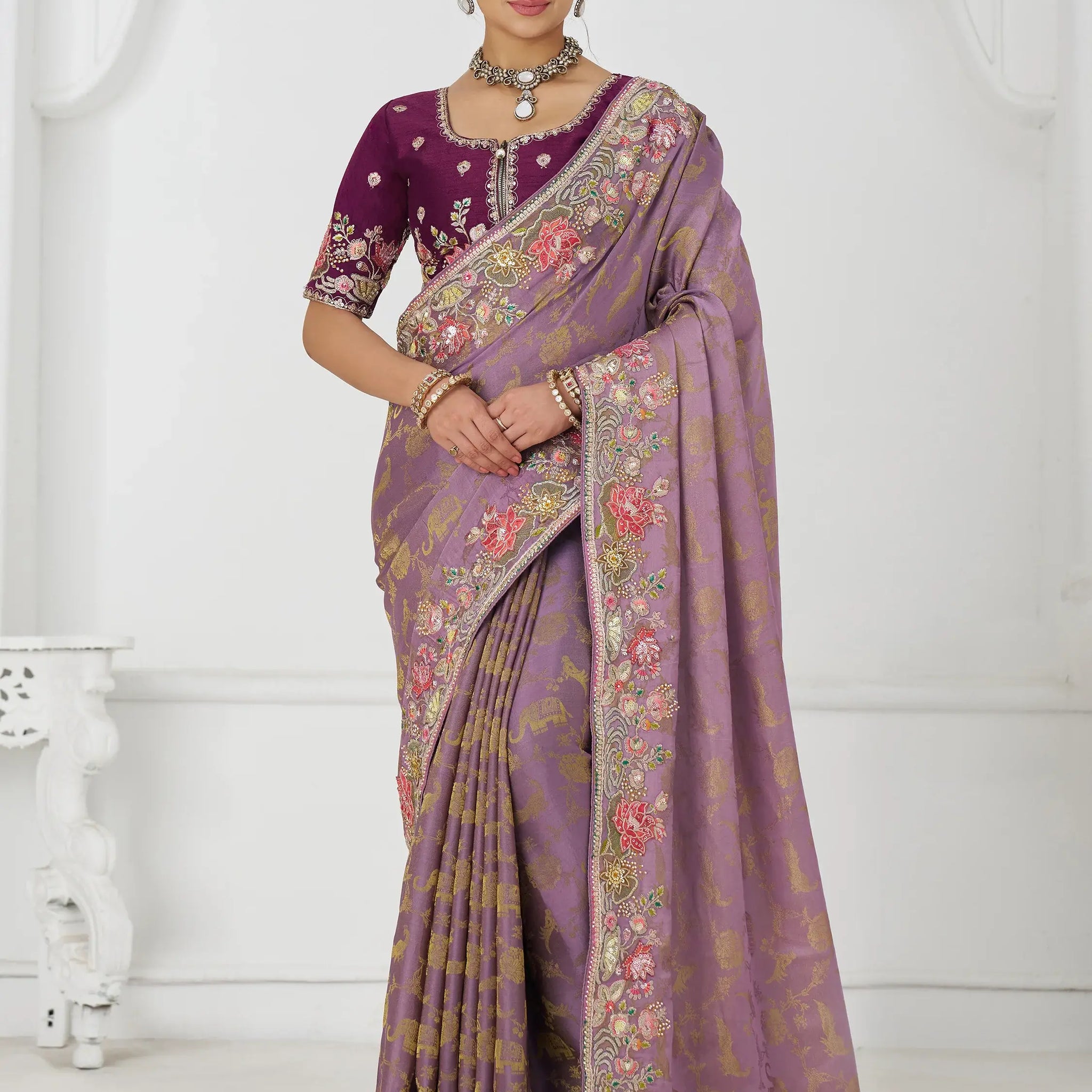 Fascinating Mauve Beads Work Dola Silk Engagement Wear Saree - Zeel Clothing