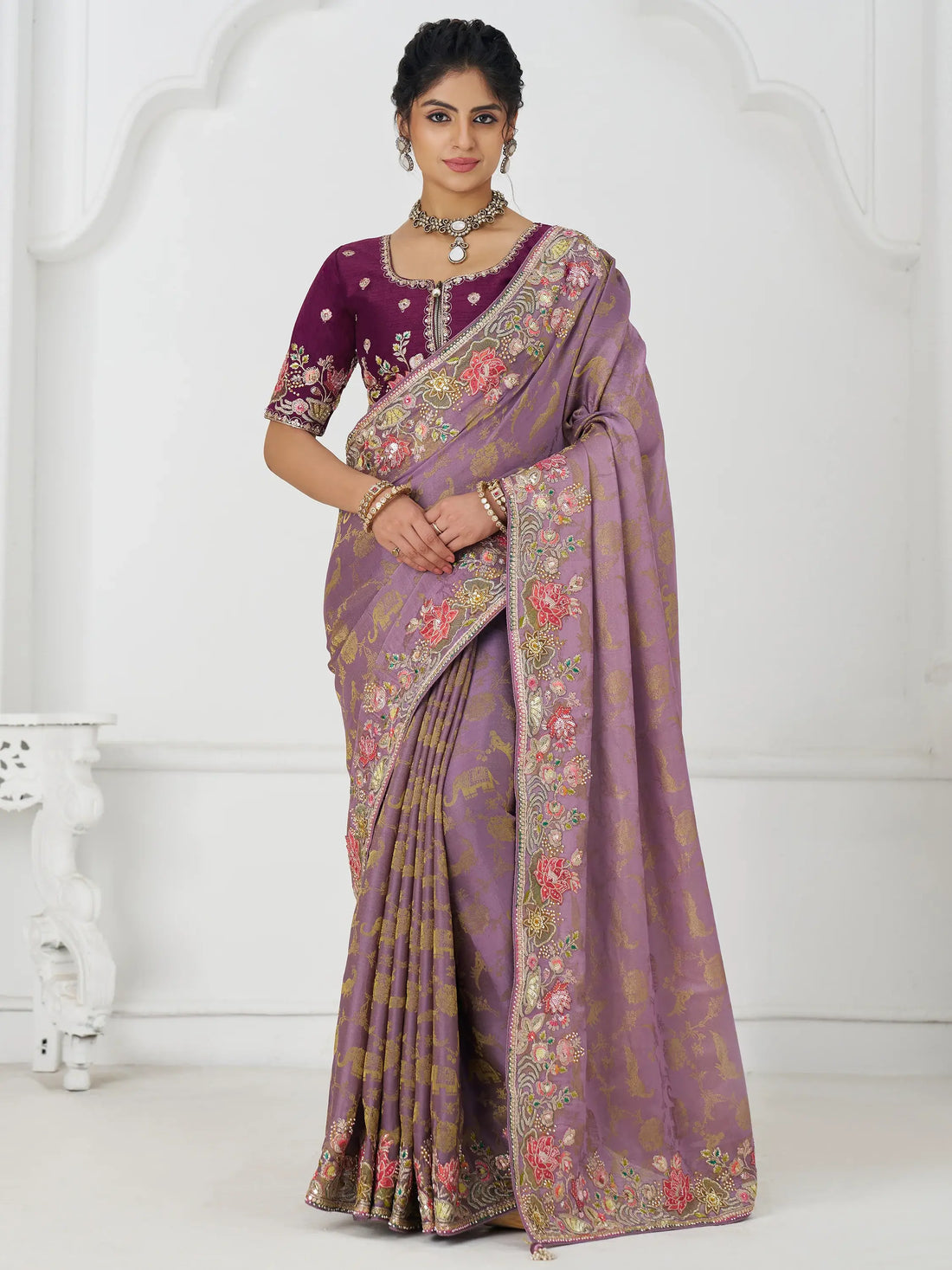 Fascinating Mauve Beads Work Dola Silk Engagement Wear Saree - Zeel Clothing