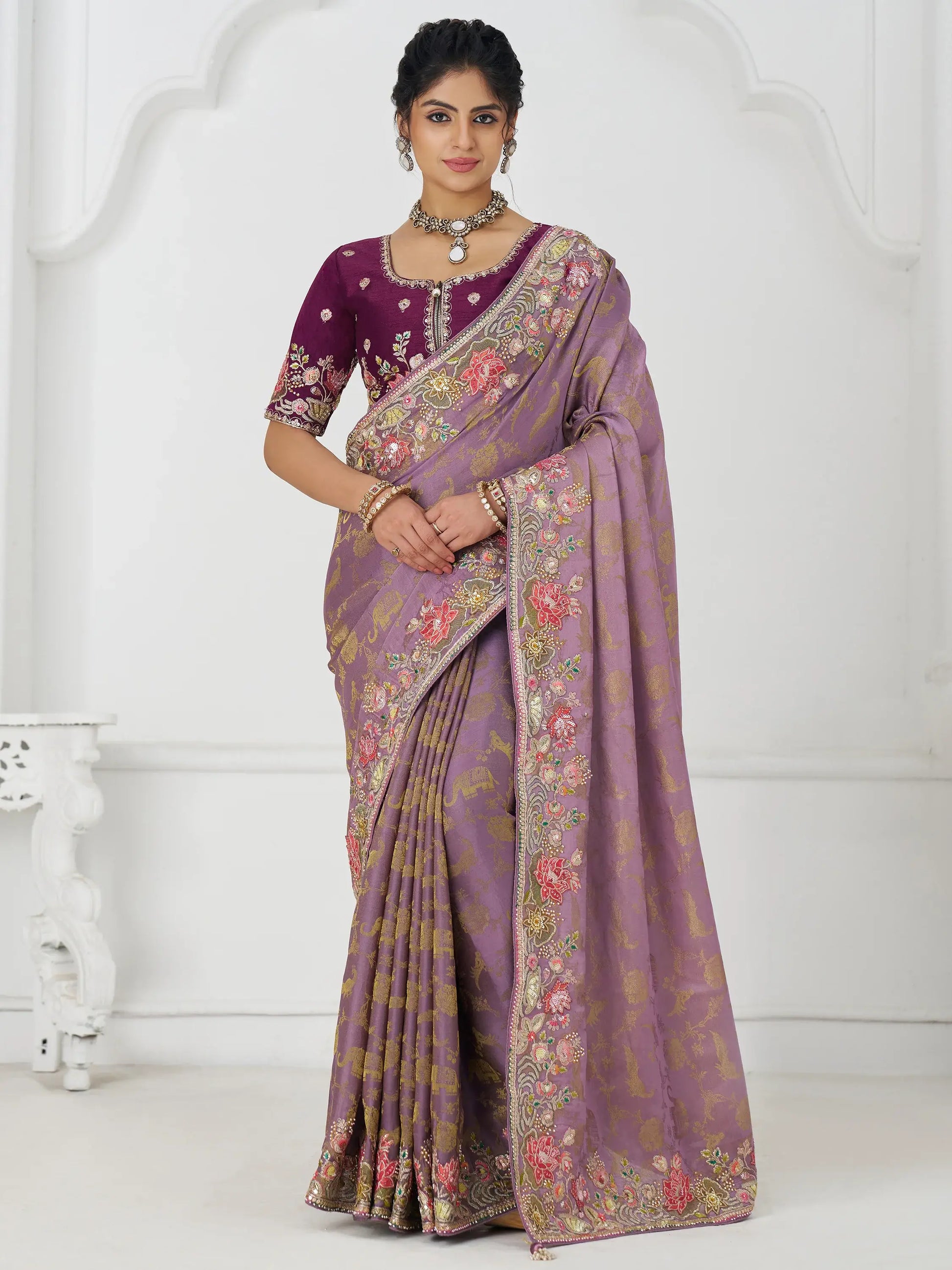 Fascinating Mauve Beads Work Dola Silk Engagement Wear Saree - Zeel Clothing