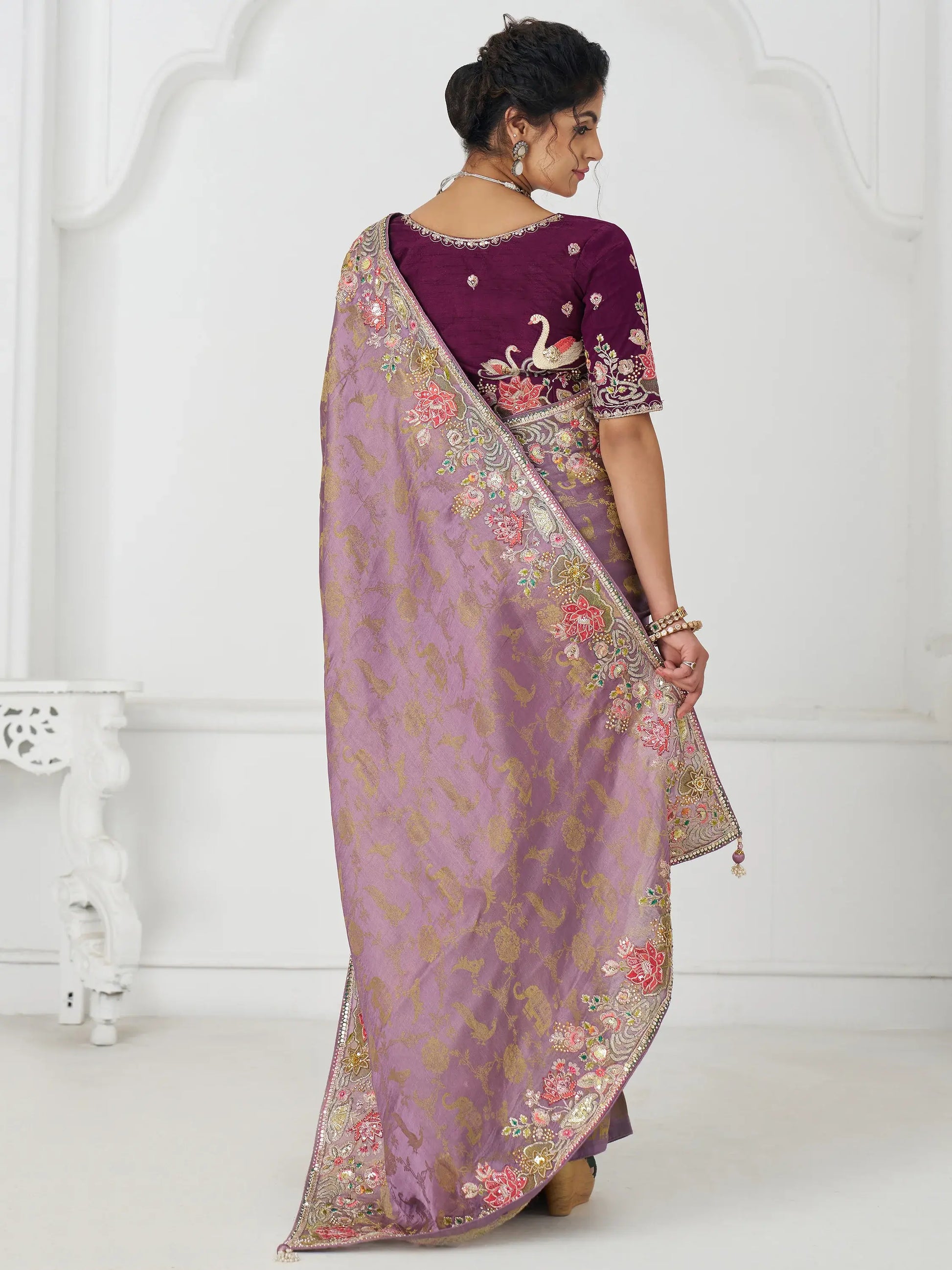 Fascinating Mauve Beads Work Dola Silk Engagement Wear Saree - Zeel Clothing