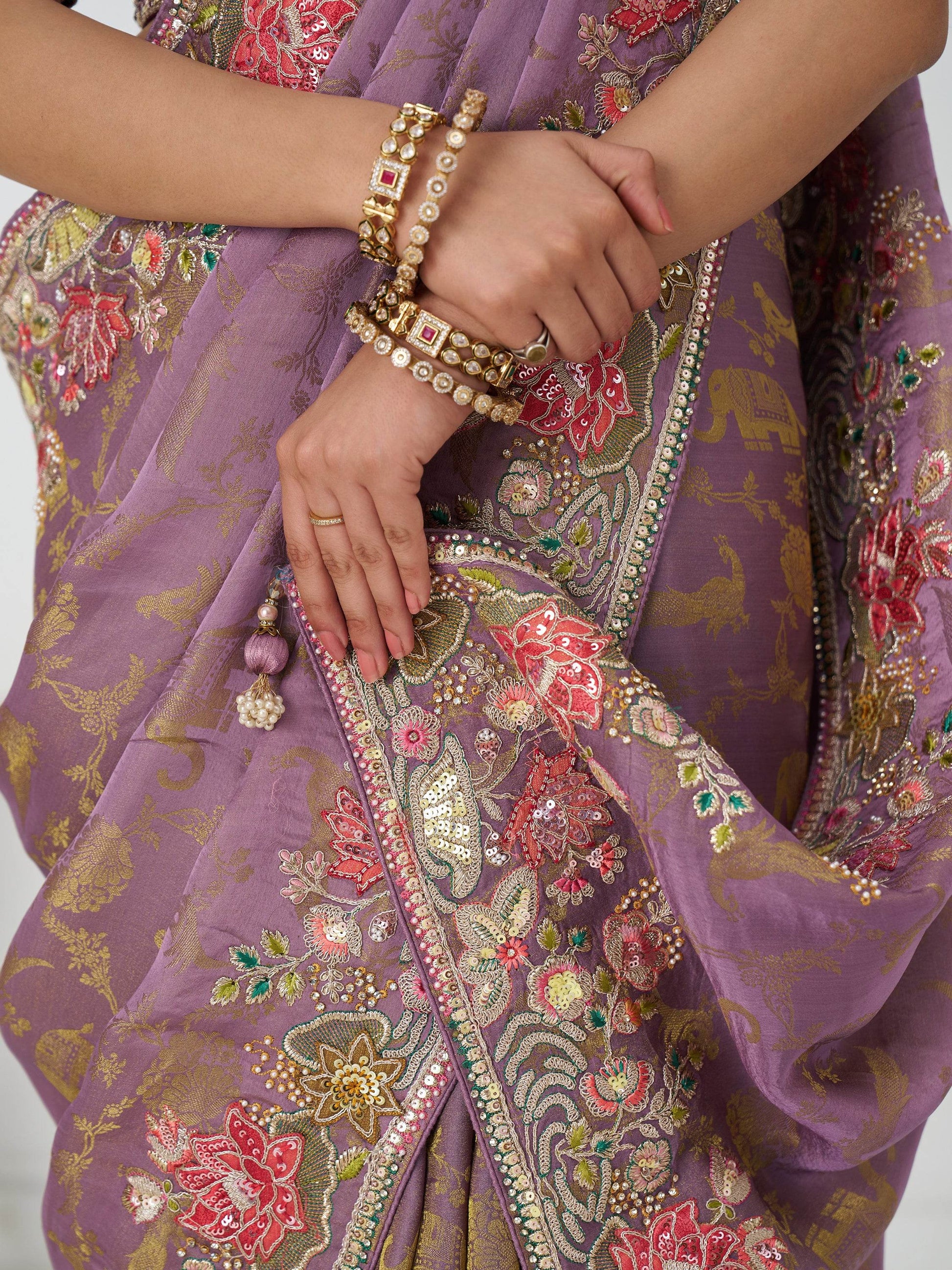 Fascinating Mauve Beads Work Dola Silk Engagement Wear Saree - Zeel Clothing