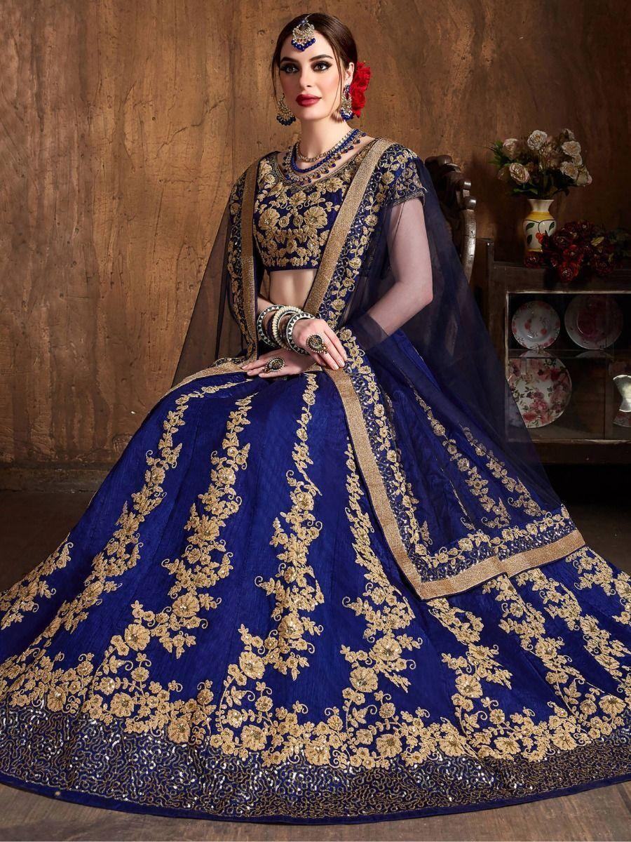 Fascinating Navy Blue Embroidered Raw Silk Lehenga Choli