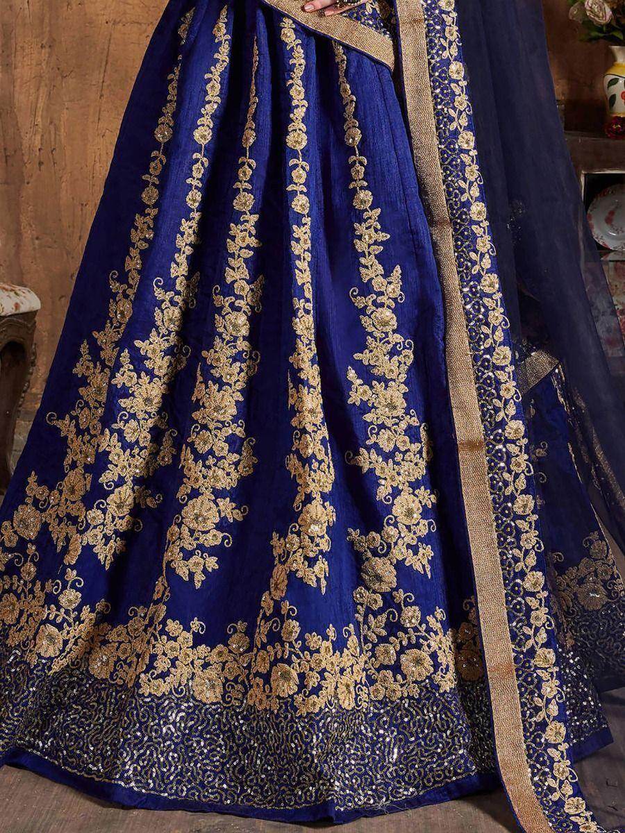 Fascinating Navy Blue Embroidered Raw Silk Lehenga Choli - Zeel Clothing