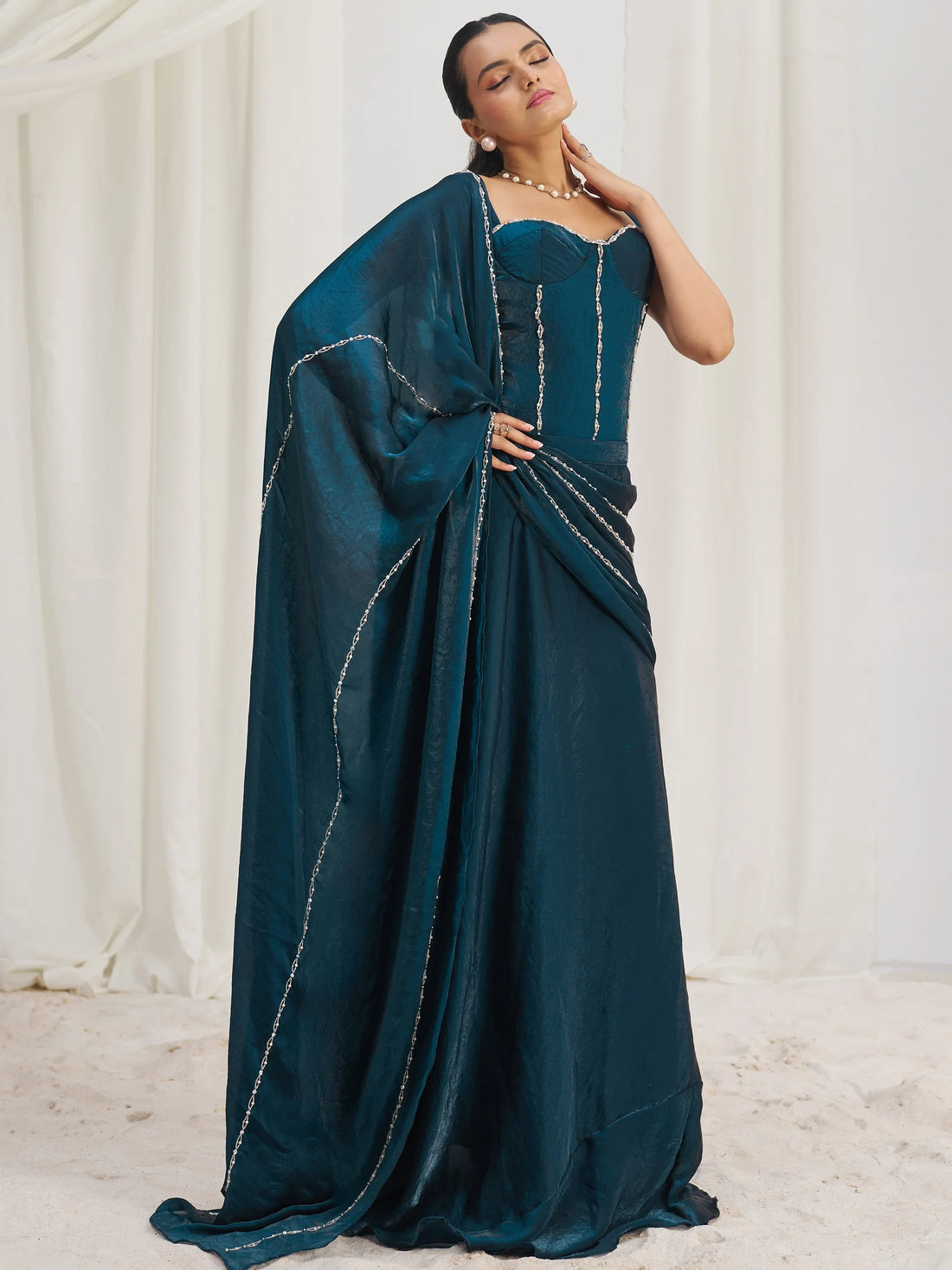 Fascinating Navy Blue Organza Silk Pre-Stitched Saree With Corset Blouse - Zeel Clothing