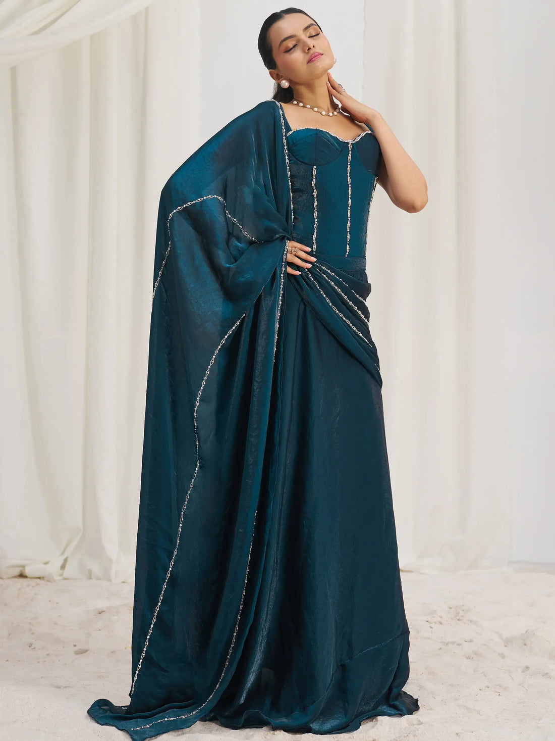 Fascinating Navy Blue Organza Silk Pre-Stitched Saree With Corset Blouse - Zeel Clothing