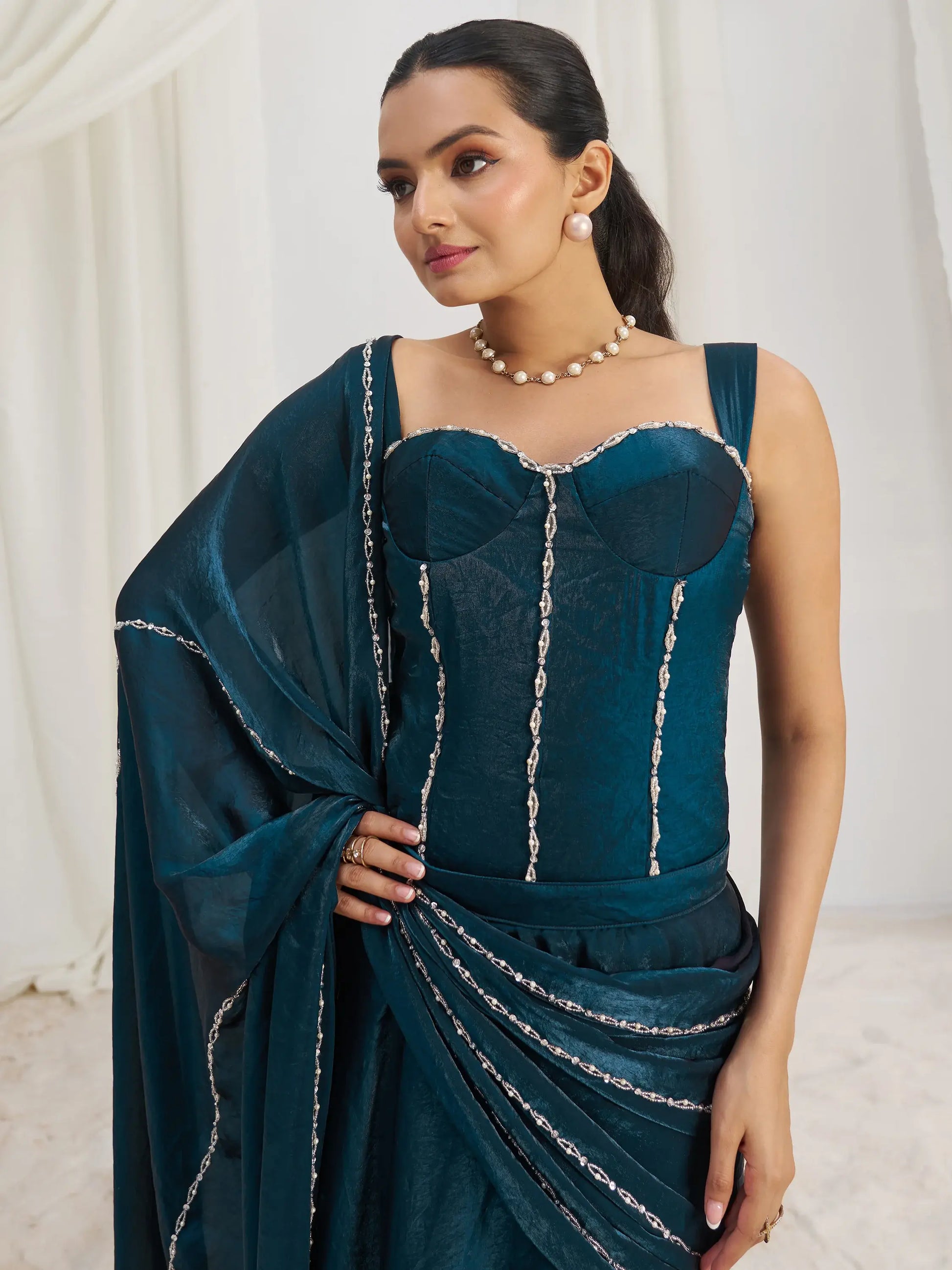 Fascinating Navy Blue Organza Silk Pre-Stitched Saree With Corset Blouse - Zeel Clothing