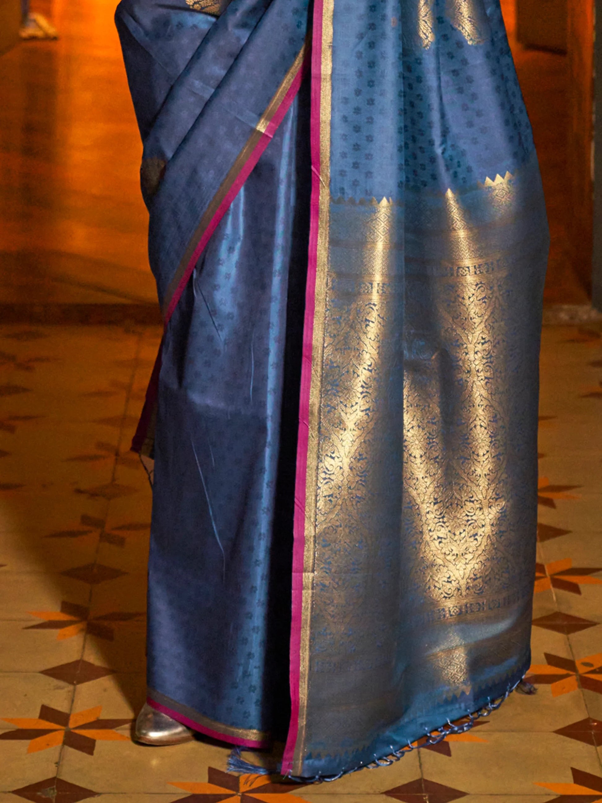 Fascinating Navy Blue Zari Weaving Silk Festival Wear Saree With Blouse - Zeel Clothing