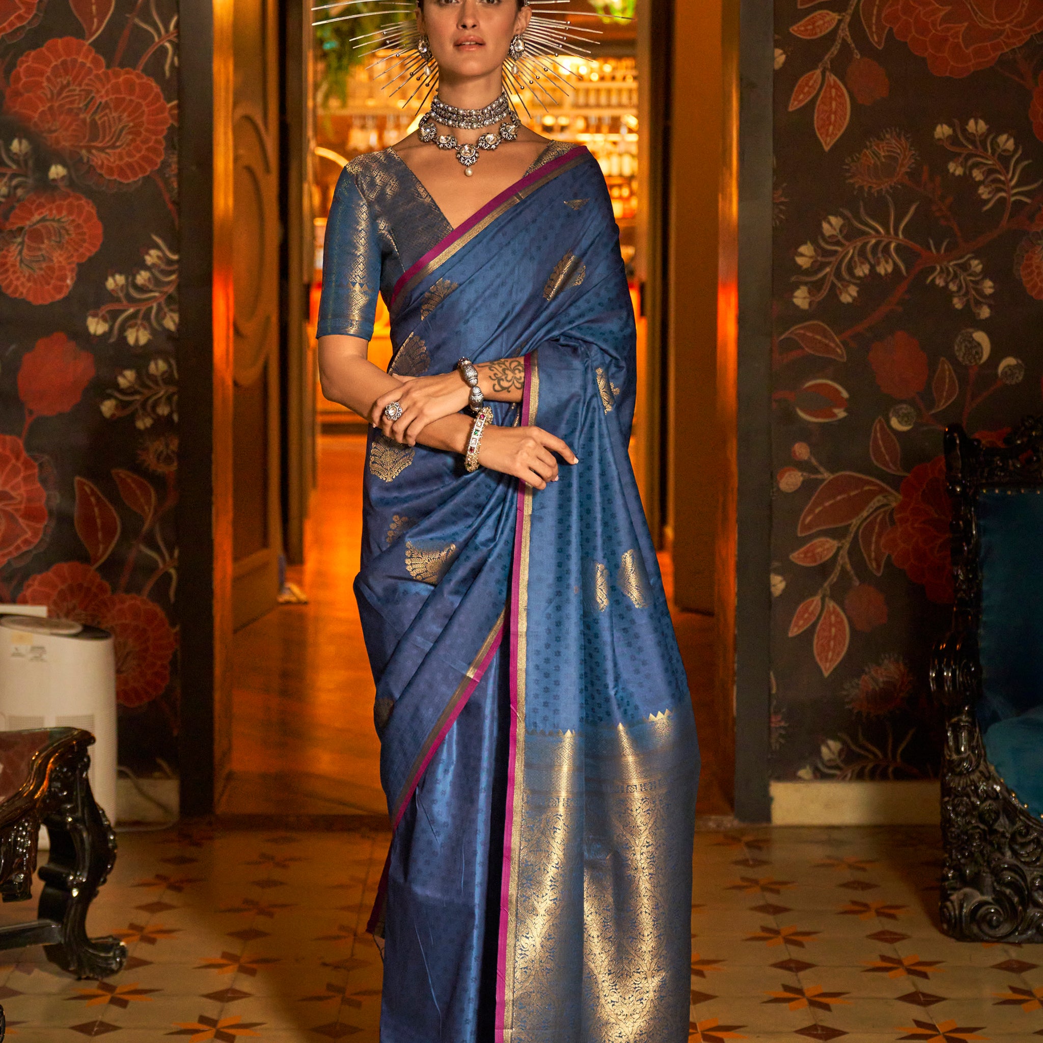 Fascinating Navy Blue Zari Weaving Silk Festival Wear Saree With Blouse - Zeel Clothing