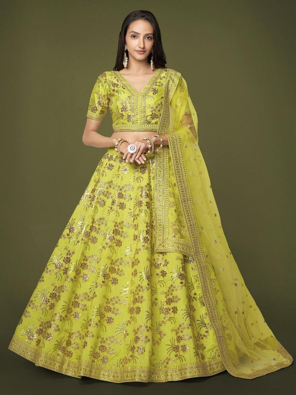Fascinating Neon Green Sequins Silk Sangit Wear Lehenga Choli