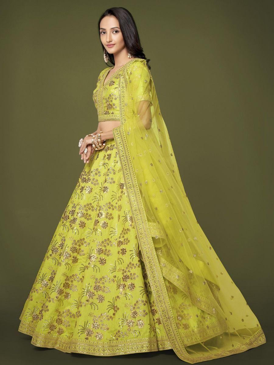 Fascinating Neon Green Sequins Silk Sangit Wear Lehenga Choli
