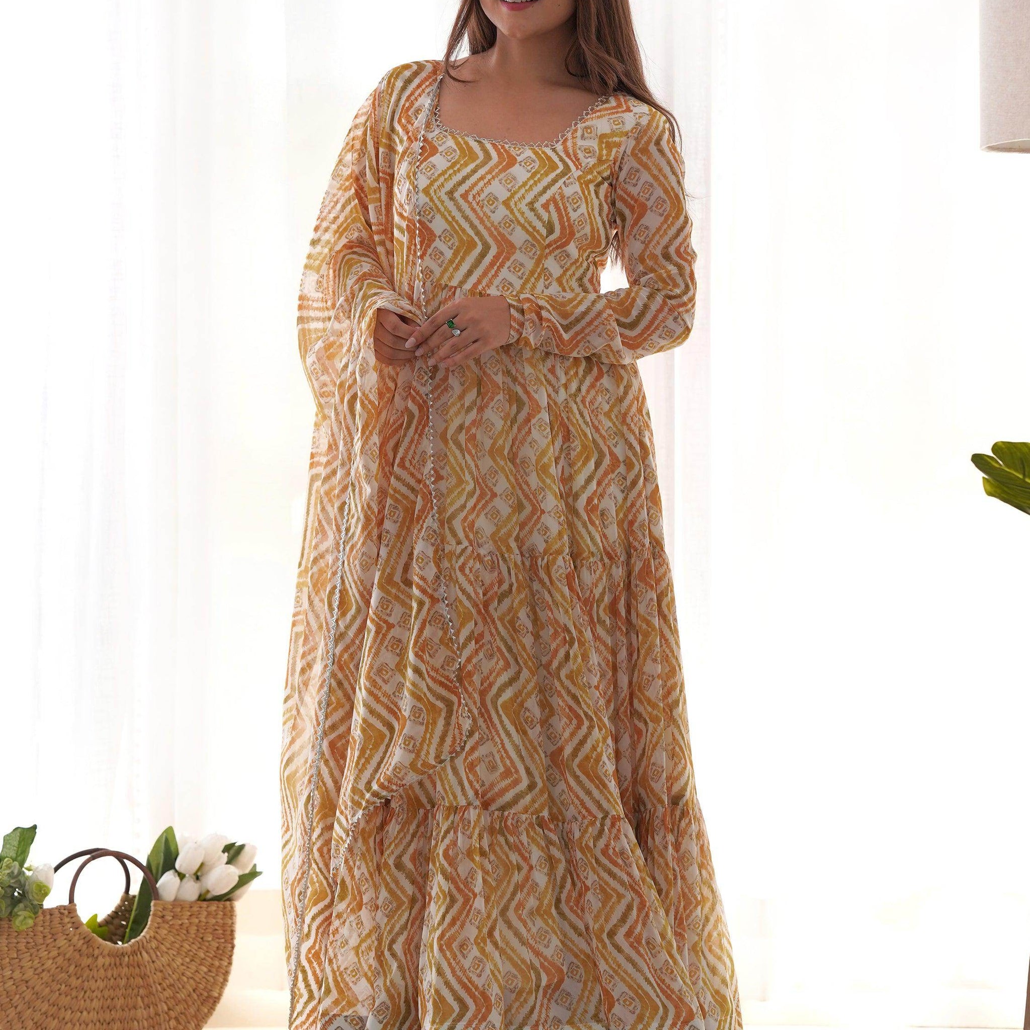 Fascinating Off-White Digital Printed Georgette Traditional Anarkali Suit - Zeel Clothing