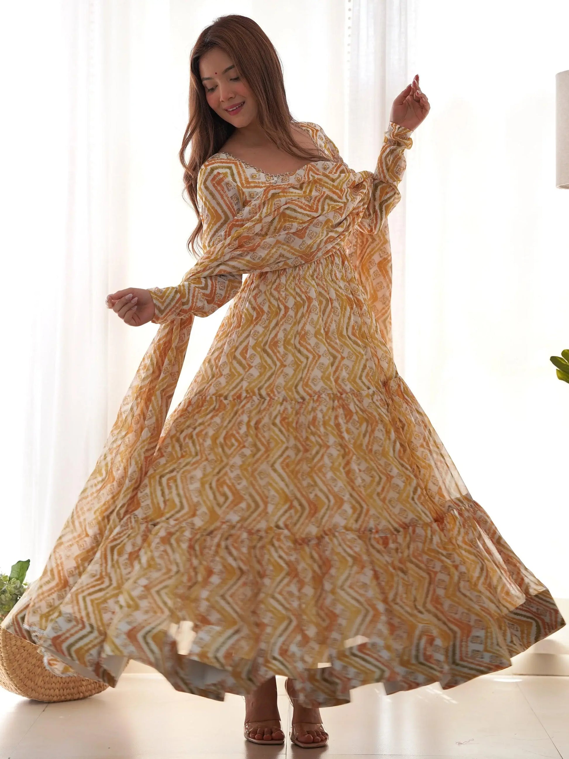 Fascinating Off-White Digital Printed Georgette Traditional Anarkali Suit - Zeel Clothing