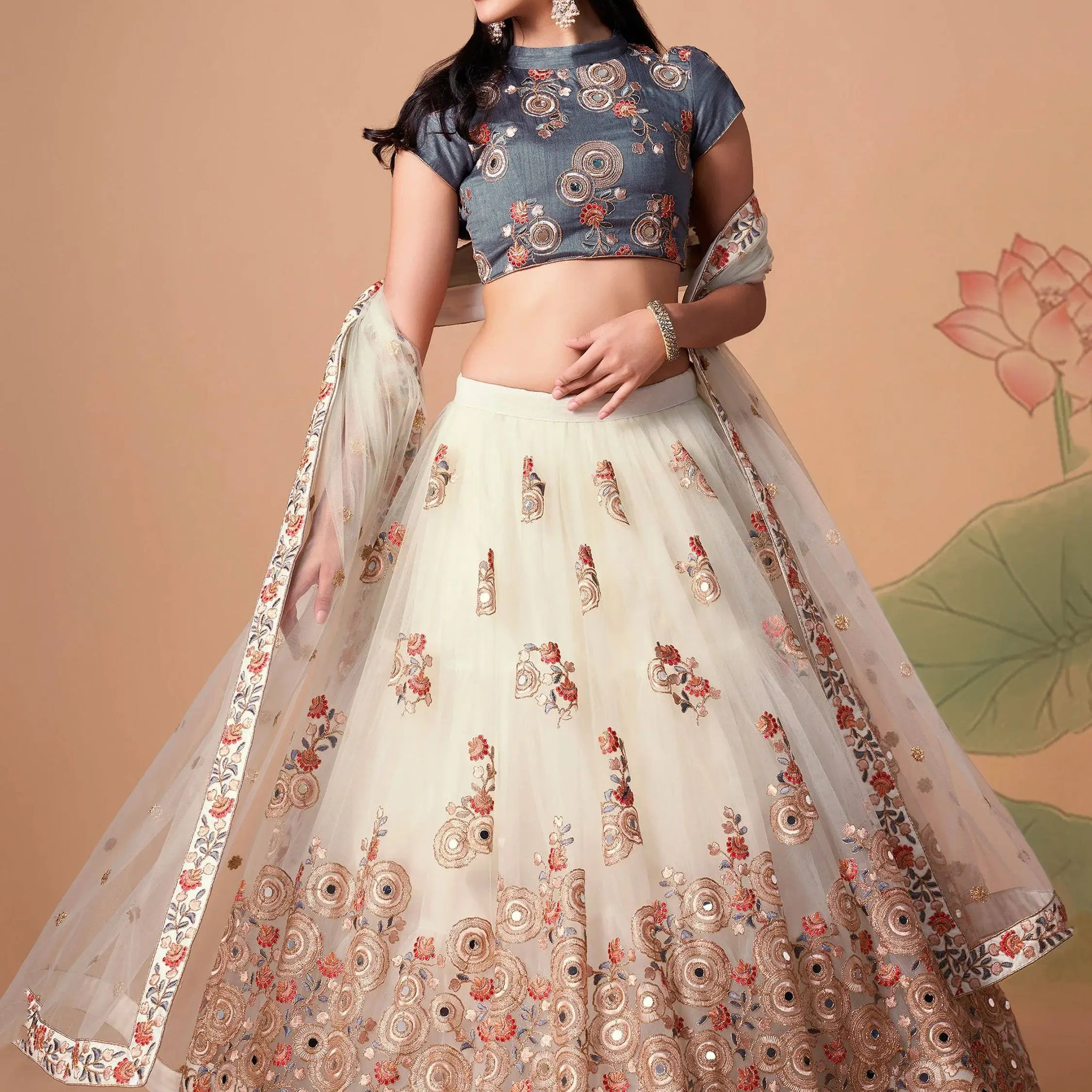 Fascinating Off-White Mirror Work Net Party Wear Lehenga Choli - Zeel Clothing